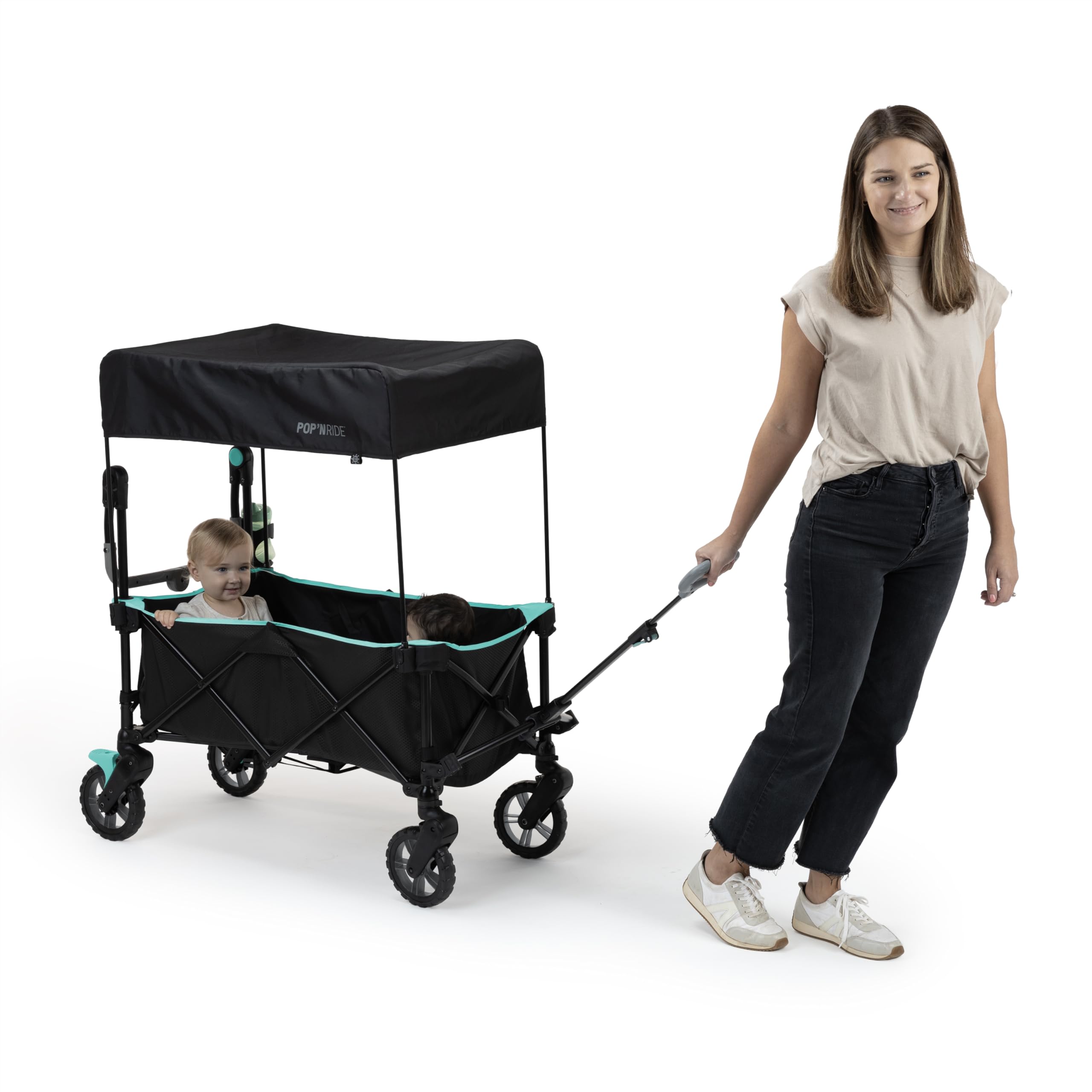 Ingenuity Pop 'N Ride Lightweight Stroller Wagon for 2 Kids - Summer-Ready with Face-to-Face Seats, 3-Point Harnesses & Sun Canopy | Perfect for Beach Outings, Park Visits & Family Travel