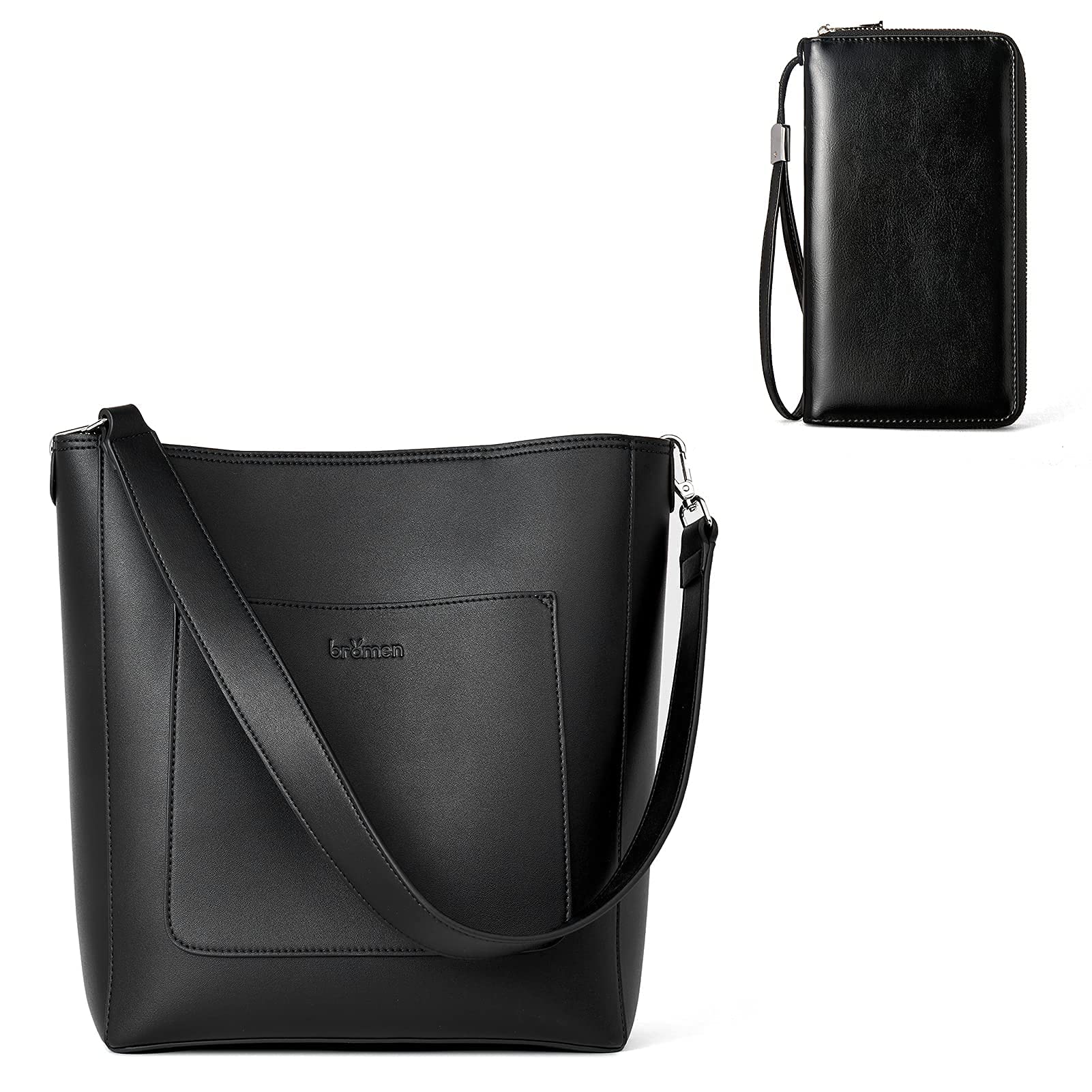 BROMEN Women's Designer Hobo Shoulder Bag & Wallet Set - Oil Wax Black Leather Purse and Wallet Bundle for Casual Outings, Work & Travel