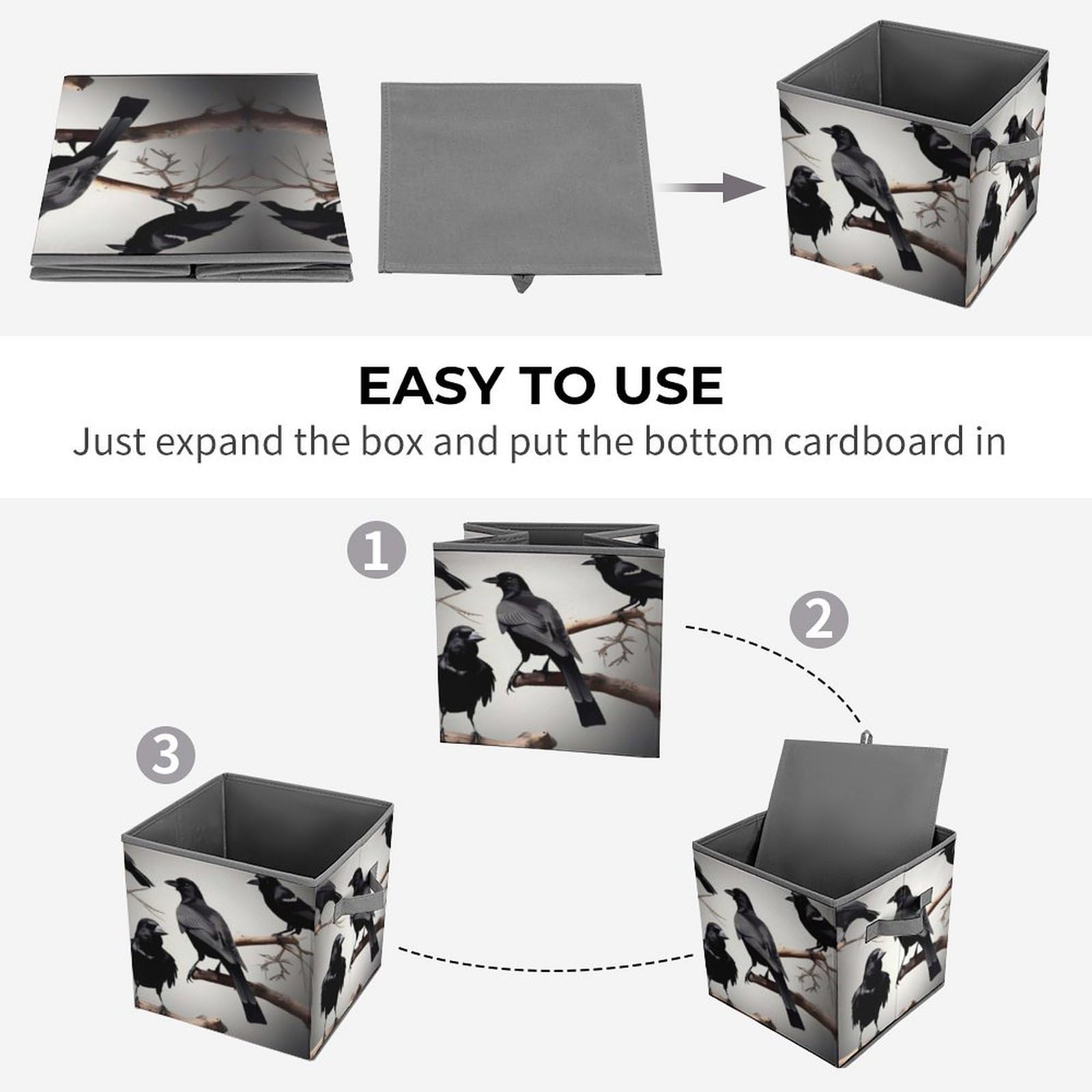 Black Crow Birds on Branch Collapsible Storage Bin - 10.6x10.6x10.6 Inch Large Capacity Fabric Storage Box with Handles | Closet Organizer System for Home, Office, Bedroom & Kids Room Organization