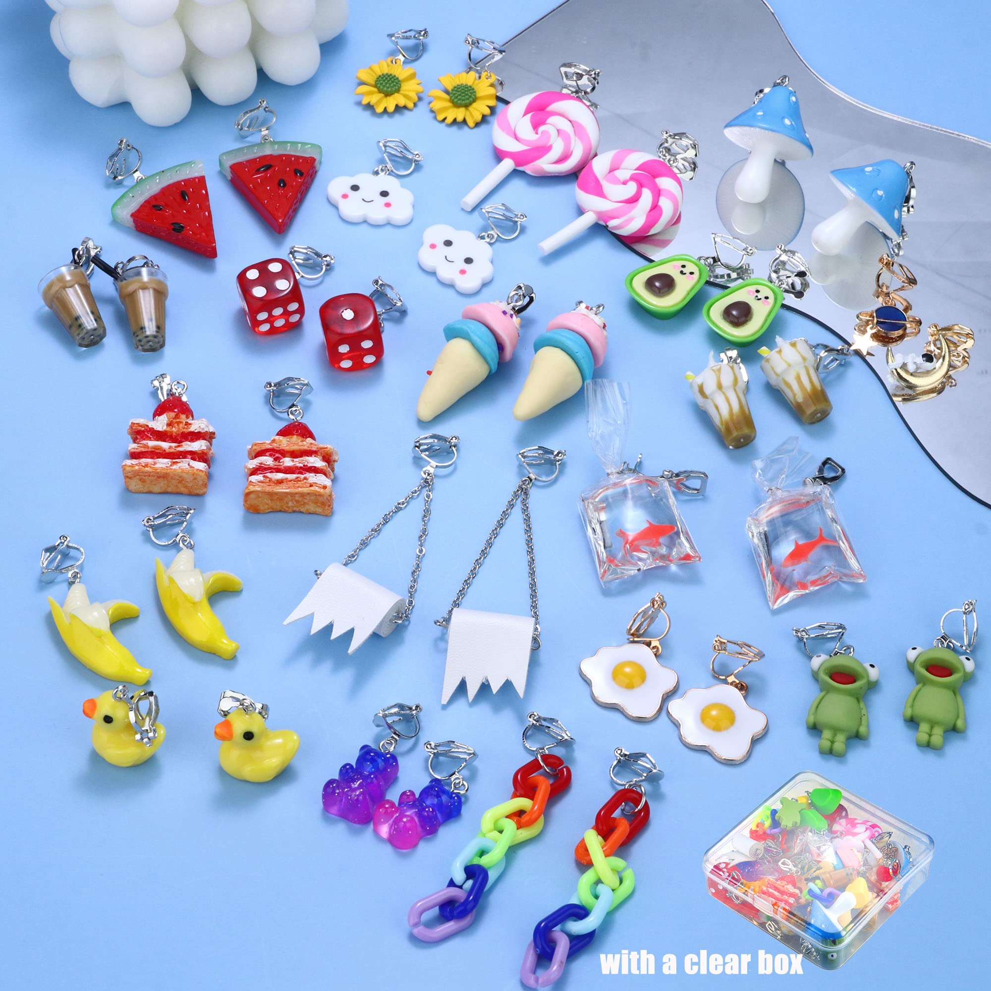 **Kakonia 20 Pairs Cute Clip-On Earrings for Women & Girls – Fun Drop Dangle Earrings in Mushroom, Strawberry, Flower & Animal Designs – Kawaii Non-Pierced Earrings with Clear Box – Perfect for Parties, Gifts & Everyday Wear**