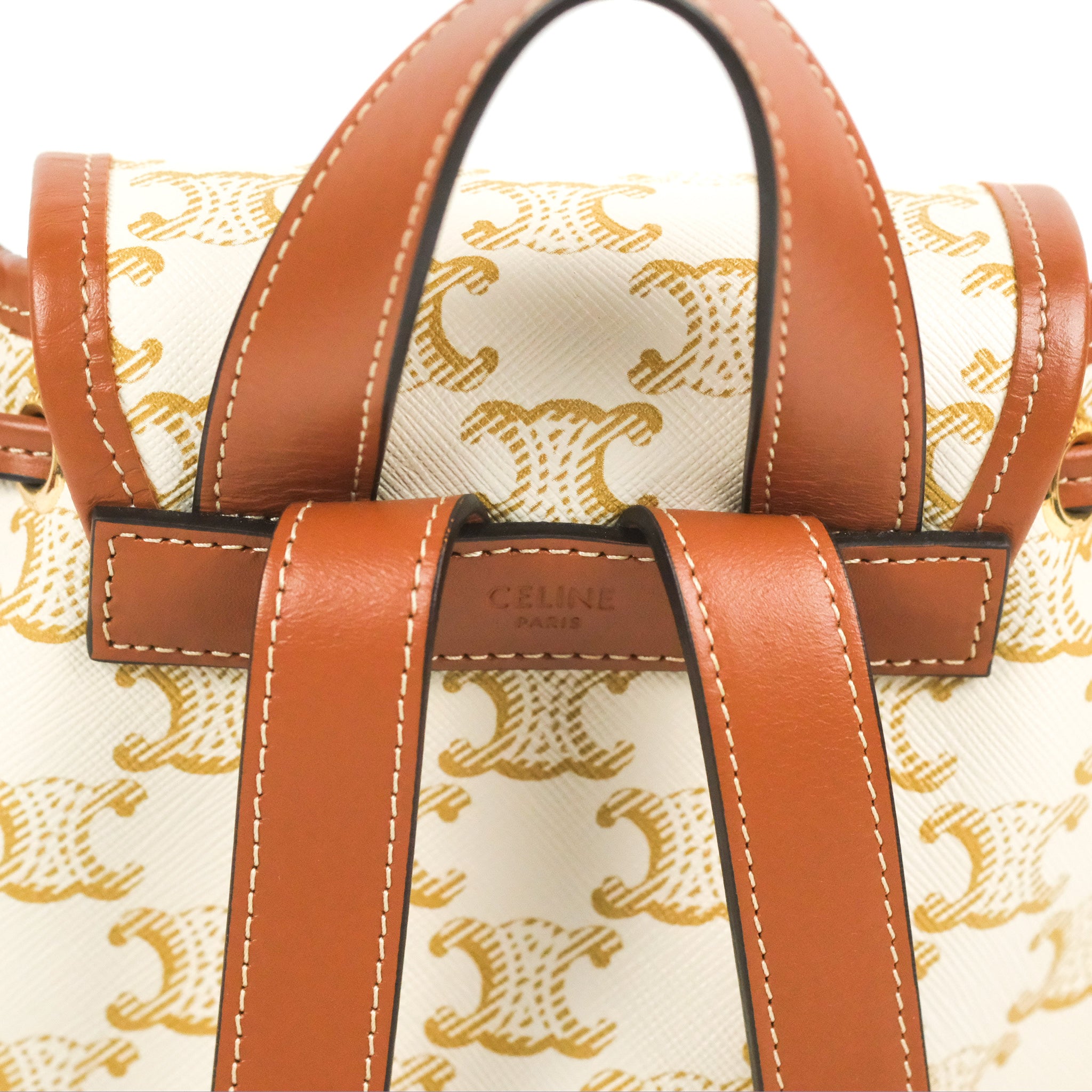 Celine Mini Floco Backpack in Triomphe Canvas - White & Tan Calfskin Leather | Stylish Luxury Backpack for Women, Travel & Everyday Use