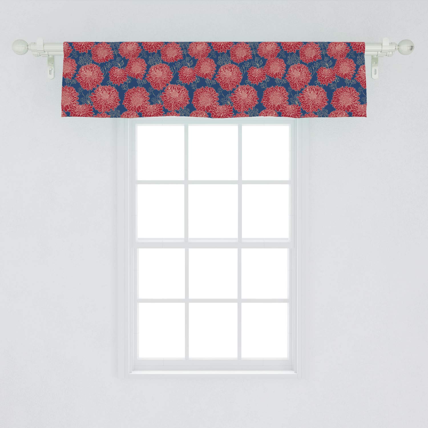 Ambesonne Dahlia Window Valance - Floral Bouquet Gardening Theme Curtain with Rod Pocket, 54x12 Inches, Ruby & Night Blue - Perfect for Kitchen, Bedroom, and Living Room Decor