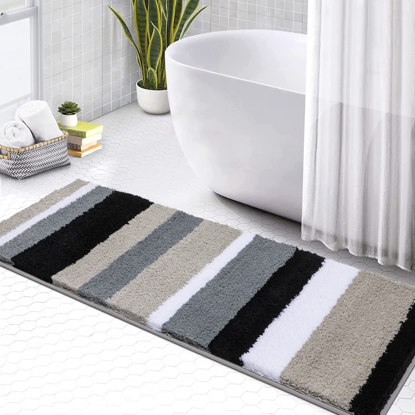 Non-Slip Bath Runner Rug - Plush Microfiber Bath Mat for Bathroom Floor, Ultra Soft & Washable - Black White for Home Spa
