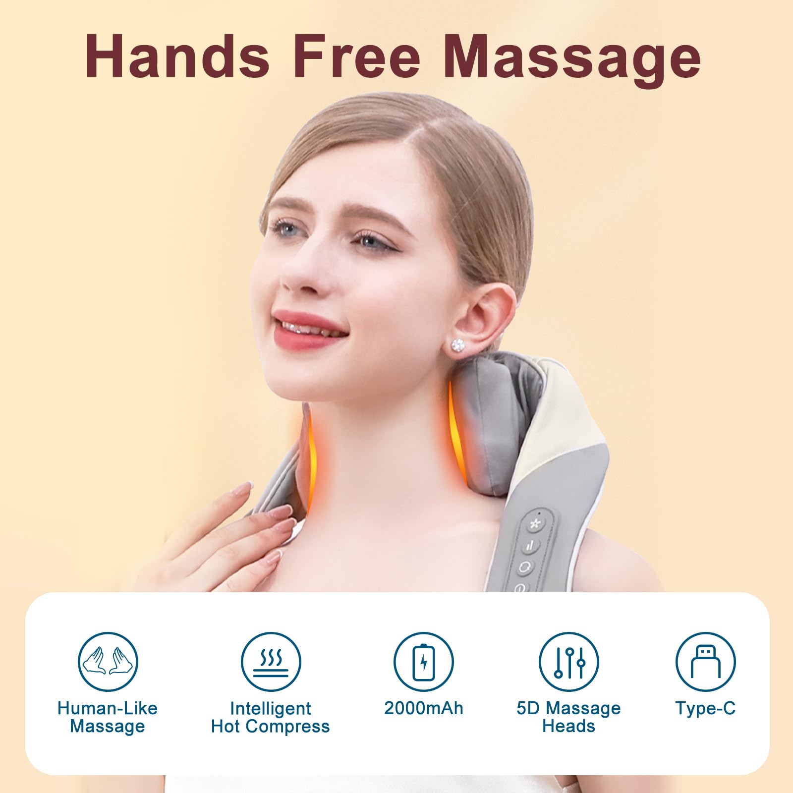 Hotodeal Electric Neck and Shoulder Massager with Heat - Cordless Shiatsu Deep Tissue Massage Pillow for Pain Relief, Portable Heat Therapy for Home, Office, and Travel Use