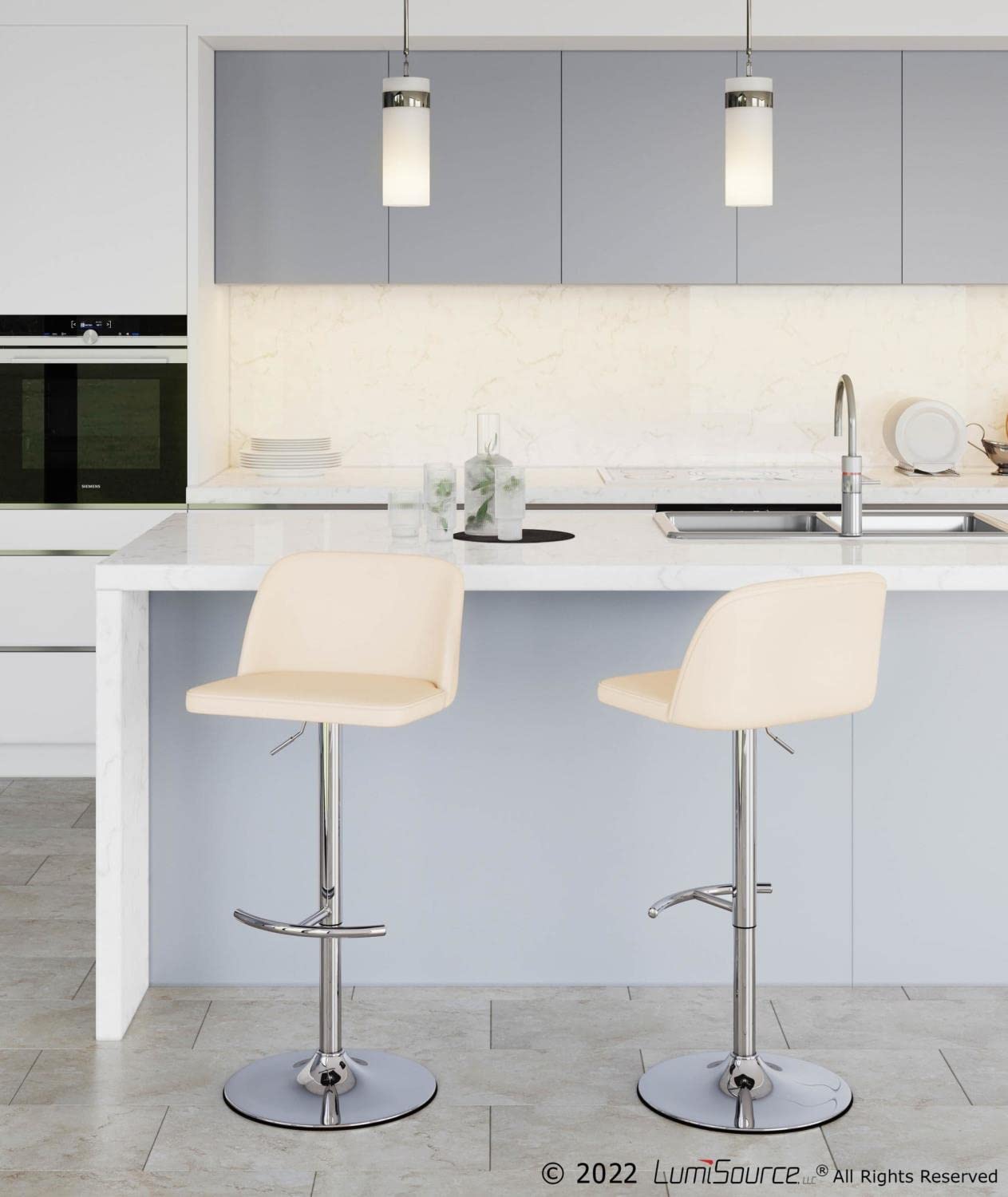 LumiSource Toriano Adjustable Swivel Bar Stool Set of 2 - Chrome Metal Frame with Cream Faux Leather Seat - Perfect for Kitchen Island, Home Bar & Dining Counter