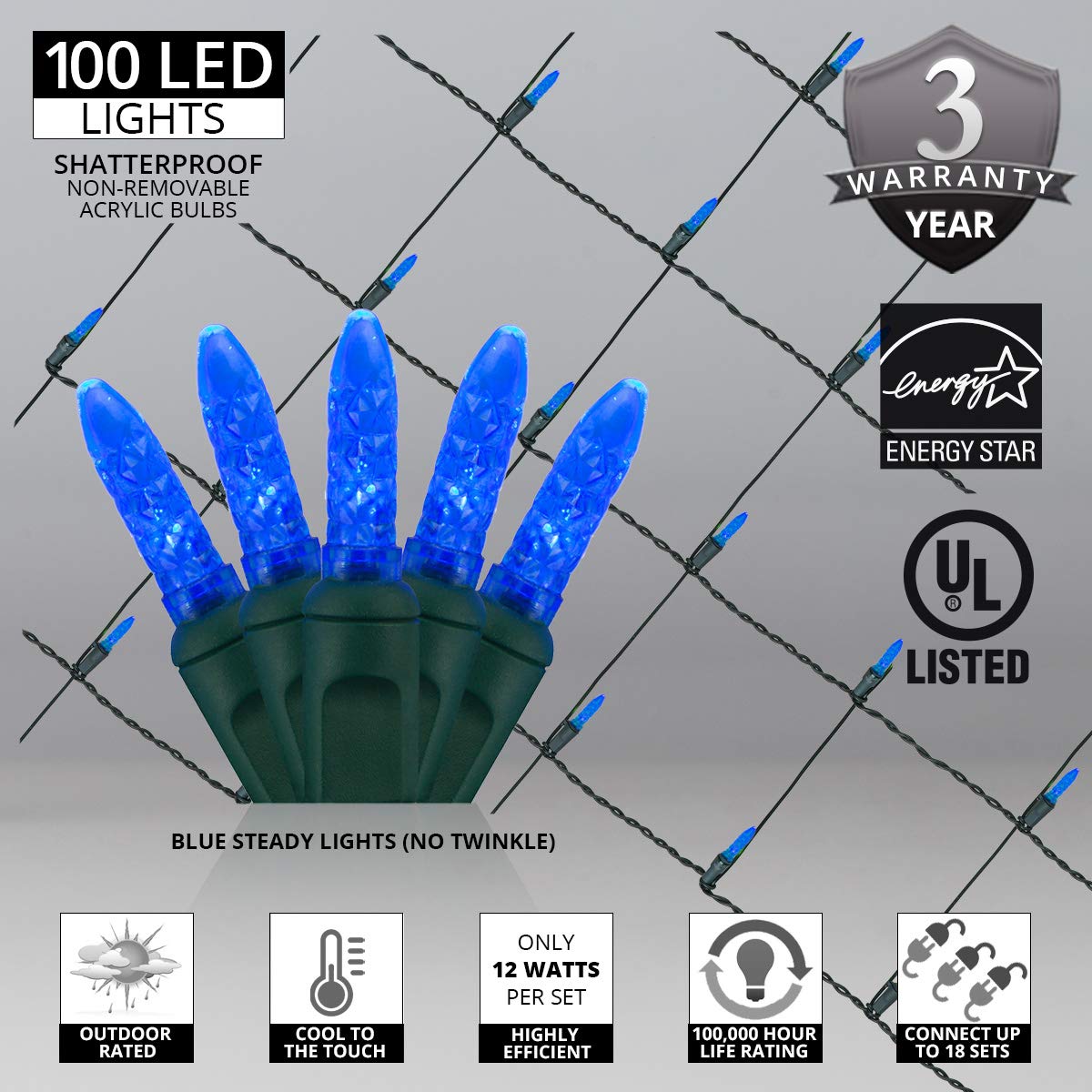Blue LED Net Lights Outdoor - Wintergreen Holiday & Christmas Decor (4x6ft, 100 LEDs) for Hedges & Trees