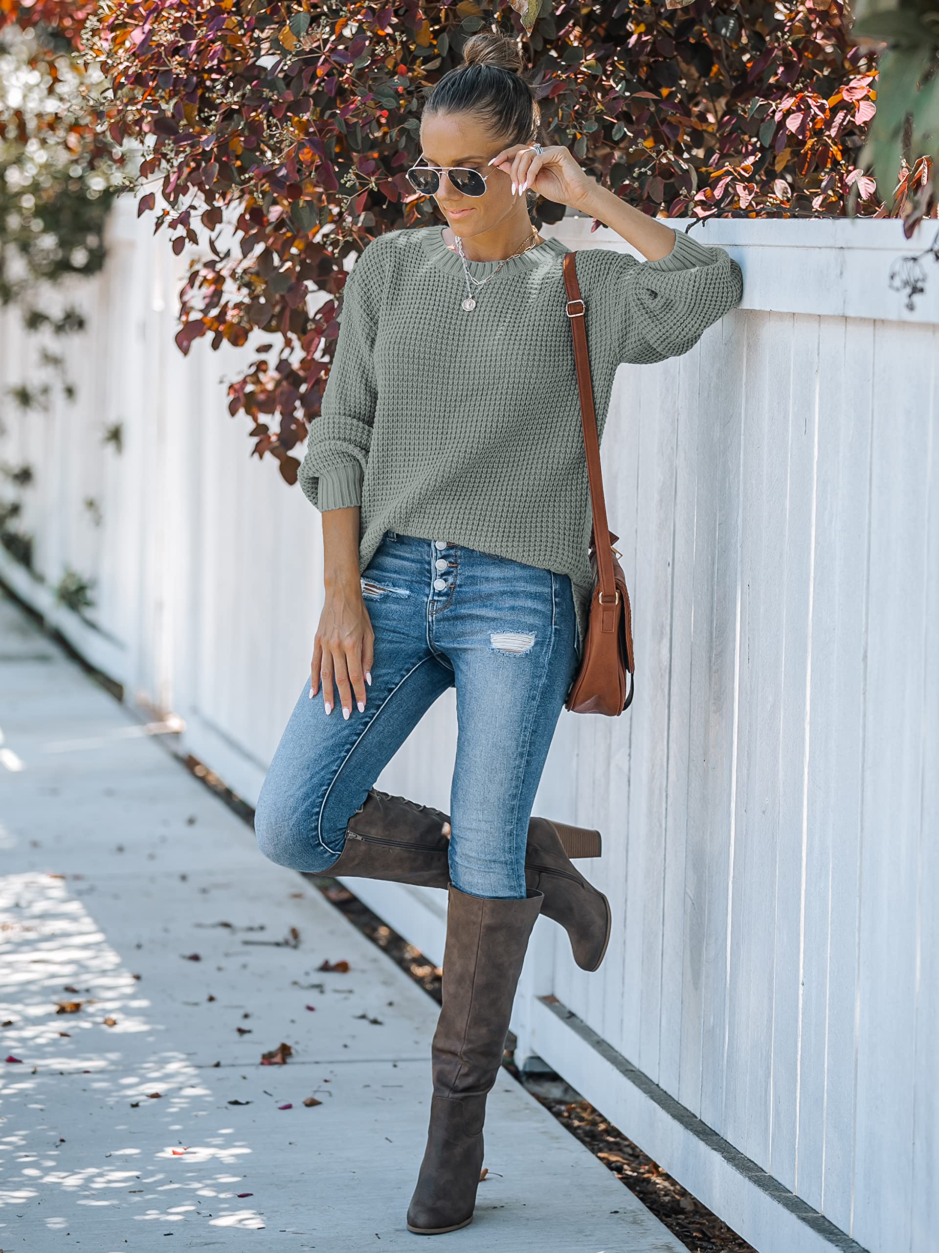 MEROKEETY Women's 2024 Fall Waffle Knit Sweater - Long Balloon Sleeve Loose Pullover Jumper for Casual Outfits | Perfect for Autumn Layering, Coffee Dates & Weekend Outings