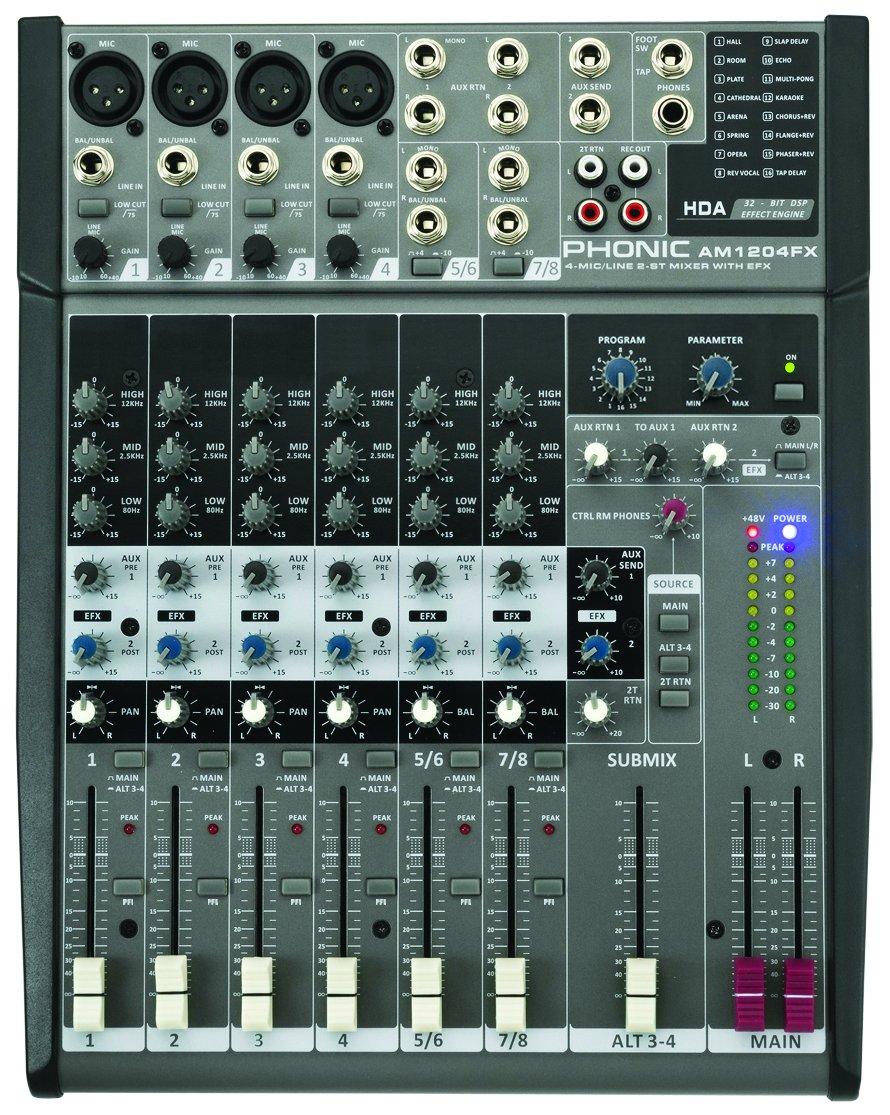 Phonic AM1204FX 8-Channel Audio Mixer with Built-In Effects - Perfect for Live Performances, Studio Recording & DJ Setups