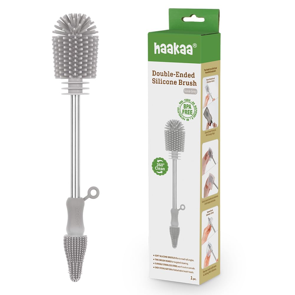 Haakaa Silicone Cleaning Brush Kit - Food-Grade Dishwasher Safe Bottle & Crevice Cleaning Brushes (Grey) - Perfect for Baby Bottles, Water Bottles, Kitchen Utensils & Hard-to-Reach Areas