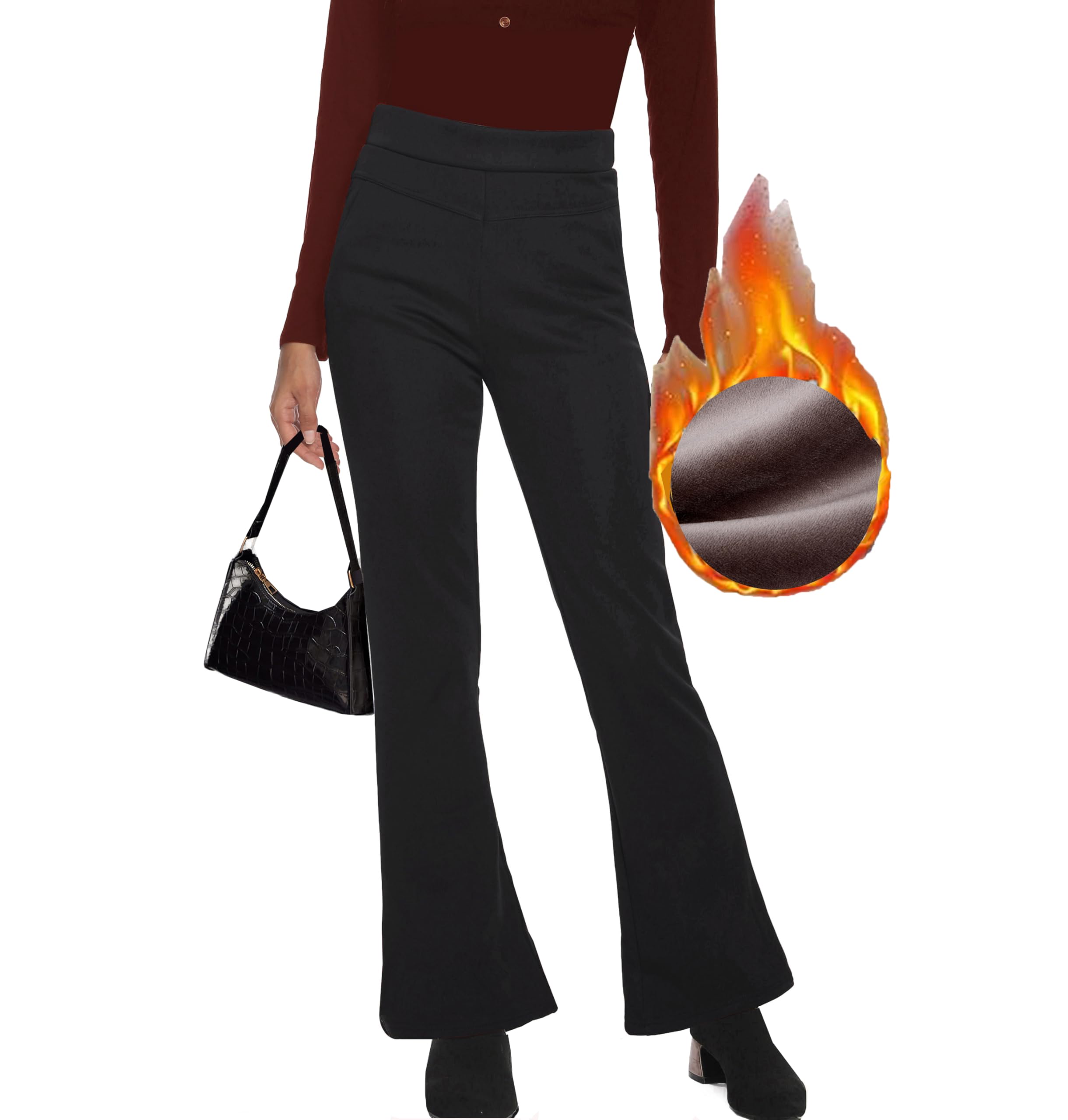 Fakanhui Women's Fleece Lined Bootcut Work Pants - Winter Warm High Waisted Pull On Flare Business Casual Pants for Office, Work & Everyday Wear