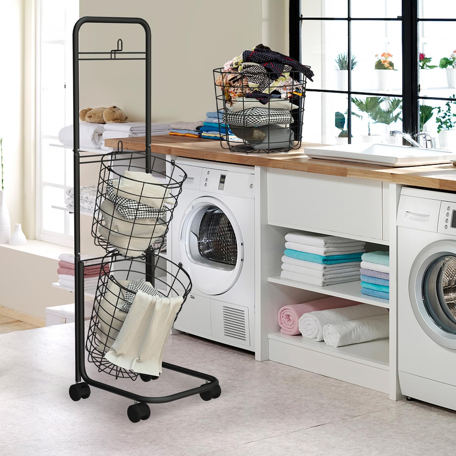 3-Tier Rolling Laundry Hamper with Removable Wire Baskets - 48.4x12.6x9.7 Inch Large Laundry Organizer for Clothes Sorting - Perfect for Laundry Room, Dorm, Apartment & Home Storage Solutions