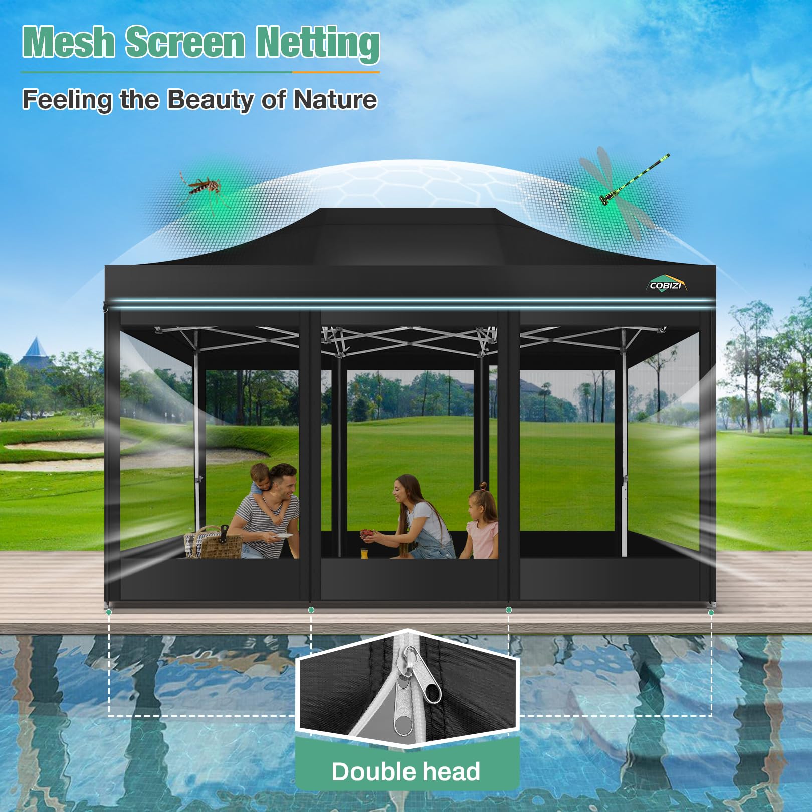 COBIZI 10x15 Heavy Duty Waterproof Pop Up Canopy Tent with Sidewalls & Mosquito Net - Easy Setup Instant Shelter for Outdoor Events, Weddings, Backyard Parties - Includes Carry Bag (Black) | Perfect for Camping, Beach Trips, Farmers Markets and Tailgating