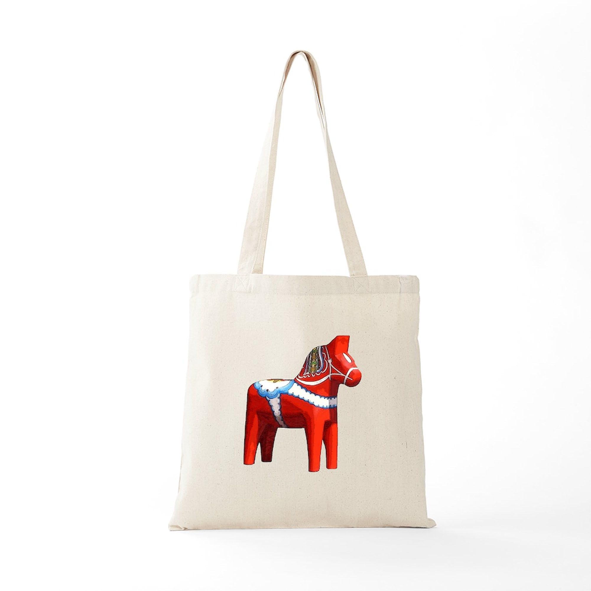 Dala Horse Tote Bag - Natural Canvas Reusable Shopping Bag for Women & Men - Eco-Friendly Grocery Bag for Market, Beach & Daily Use