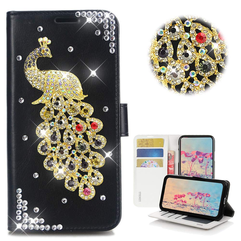 STENES Bling Wallet Phone Case for Asus ZenFone 6 - 3D Handmade Crystal Peacock Design - Magnetic Wallet & Stand - Premium Leather Cover (Black) - Perfect for Parties, Dating & Everyday Use