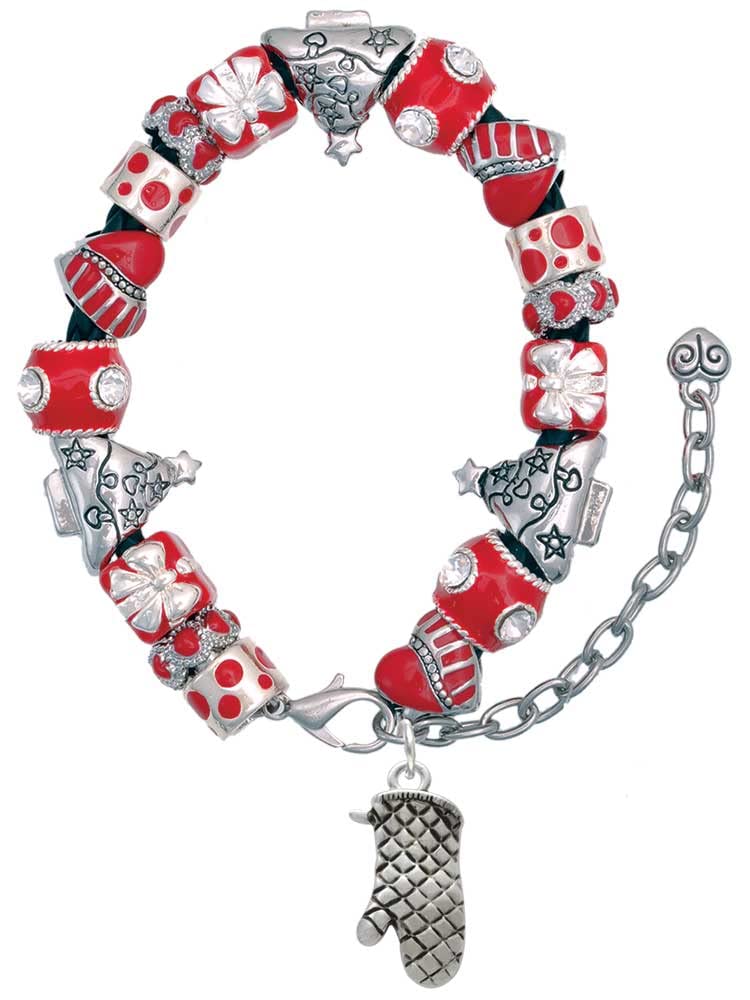 Delight Jewelry Silvertone Oven Mitt - Red Christmas Bead Bracelet (7+2 Inches) | Heat Resistant Kitchen Glove & Festive Holiday Accessory | Perfect for Baking, Cooking & Christmas Gift Giving