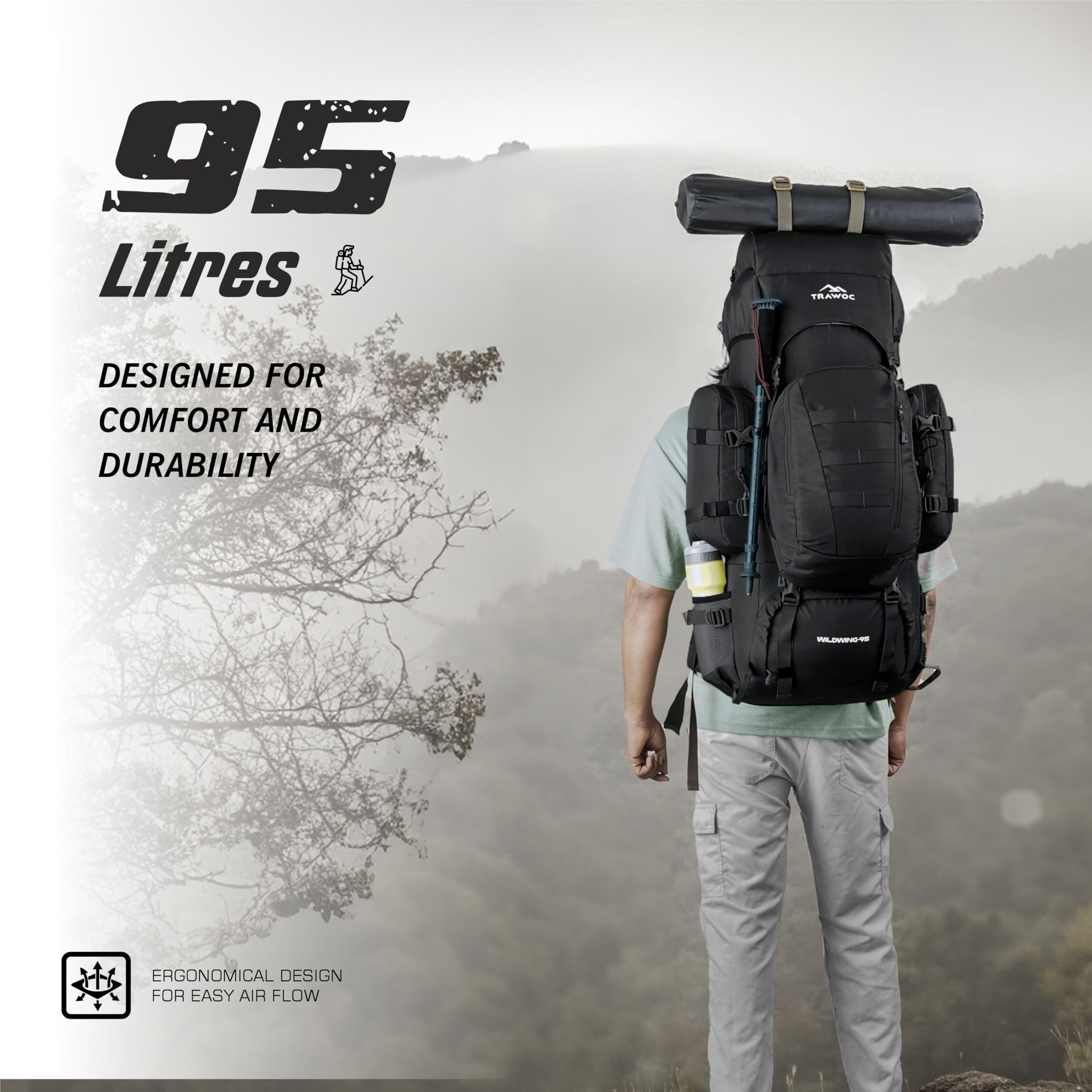 WILDWING 95L Internal Frame Travel Backpack with Detachable Daypack - Lightweight Hiking Backpack for Camping, Trekking & Outdoor Adventures - Durable Men & Women Backpack (Black) - Perfect for Long Trips, Backpacking & Travel Gear