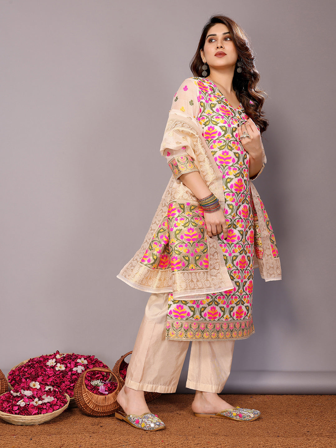 Stylish Cream Designer Pant Suit with Wevon Embroidery - Perfect for Weddings, Parties & Formal Events