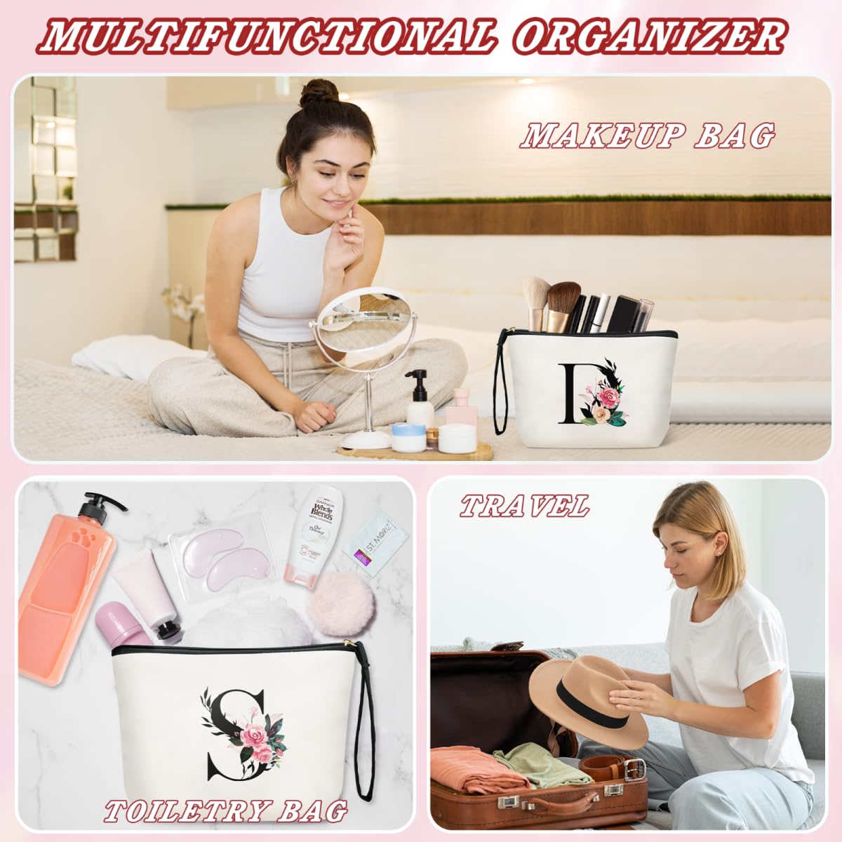 Personalized Monogrammed Makeup Bag - Custom Cosmetic & Toiletry Pouch for Women, Best Friend, Bride & Bridesmaid | Great Birthday Gift Idea | Perfect for Travel, Gym & Everyday Use (Letter A)