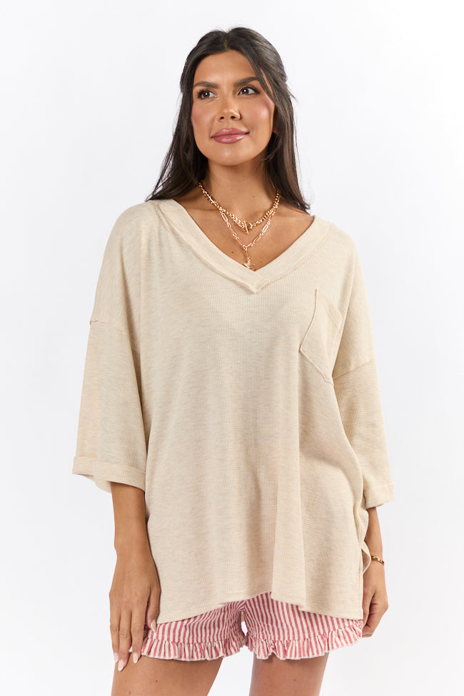 It's Our Time Oatmeal Oversized Pocketed Waffle Tee - Soft & Comfortable Women's T-Shirt - Casual Loungewear for Everyday Wear