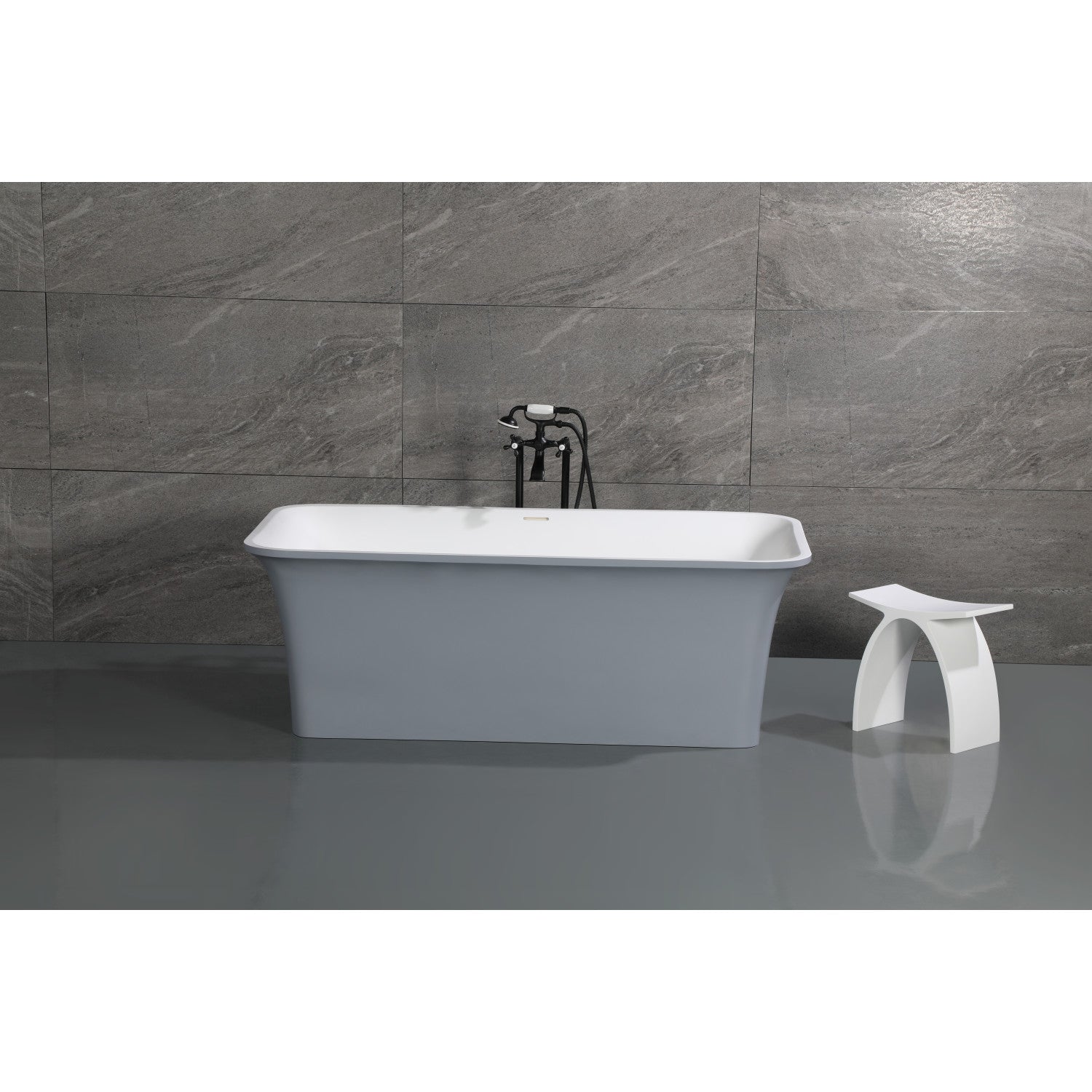 Arcticstone 67 Inch Freestanding Bathtub - Matte White/Gray Double Ended Rectangular Soaking Tub with Drain | Solid Surface Modern Design for Spa-Like Relaxation in Master Bathroom