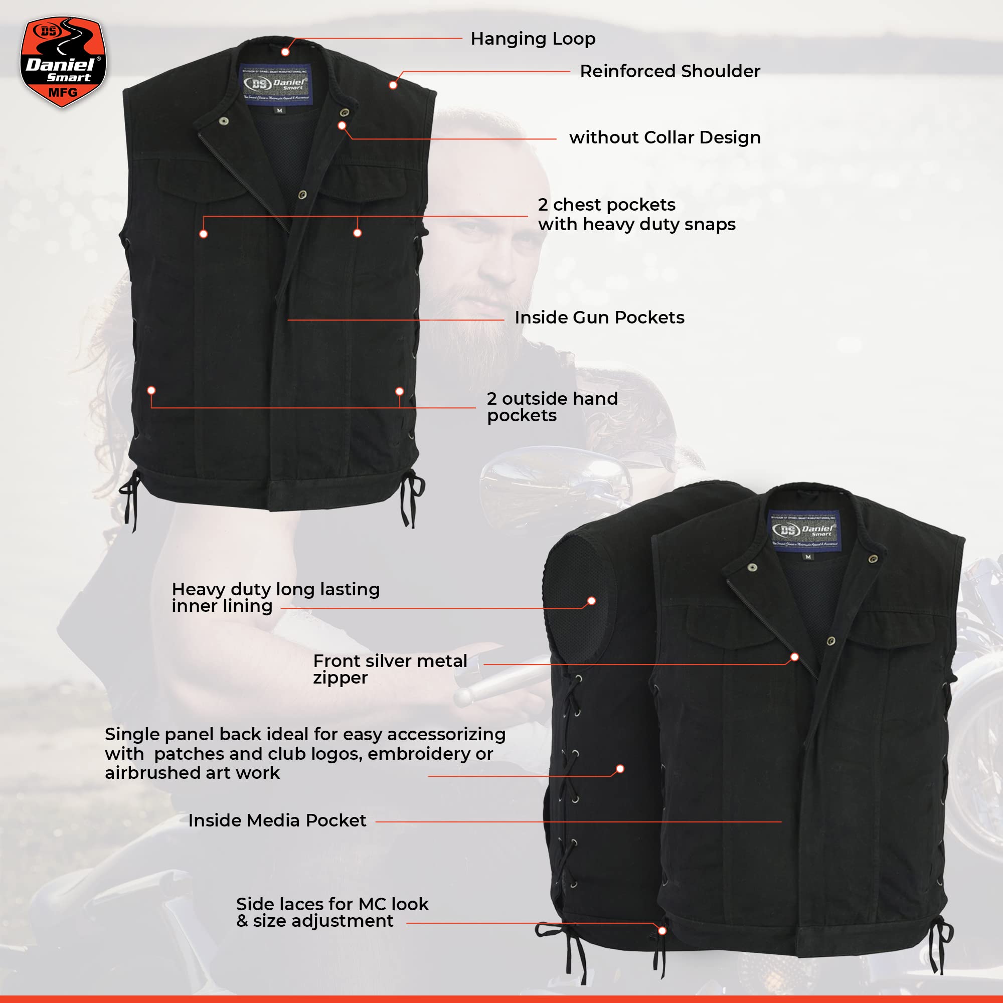 Daniel Smart Men's Black Denim Biker Vest - Collarless Design with Side Laces & Hidden Armory Pocket | Perfect for Motorcycle Riding, Outdoor Adventures & Casual Streetwear