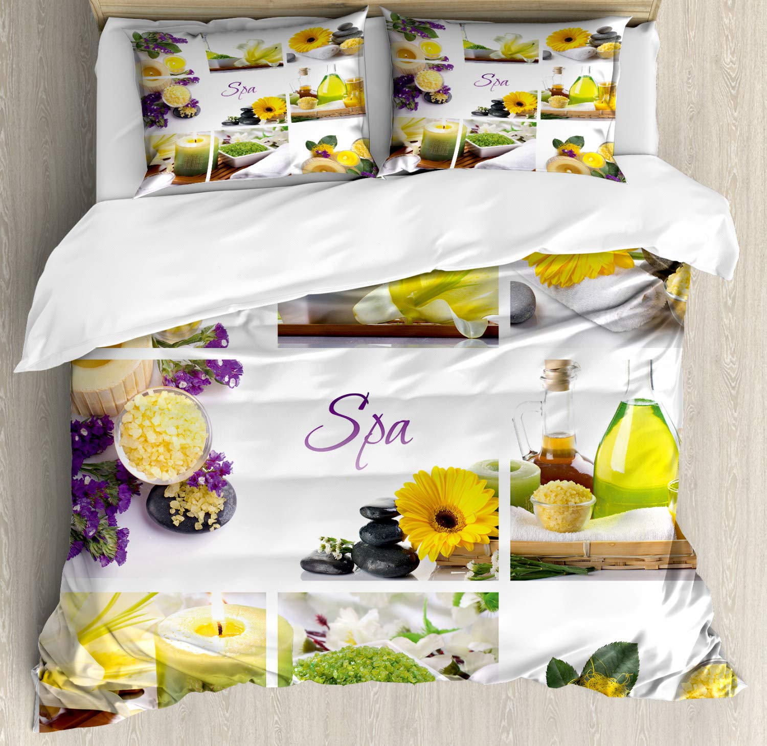 Ambesonne 3-Piece Spa Duvet Cover Set - Yellow Floral with Candles & Herbal Oils Design, California King Size (Includes Duvet Cover + 2 Pillow Shams) | Relaxing Bedroom Decor for Meditation Retreats & Serene Home Spa Experiences