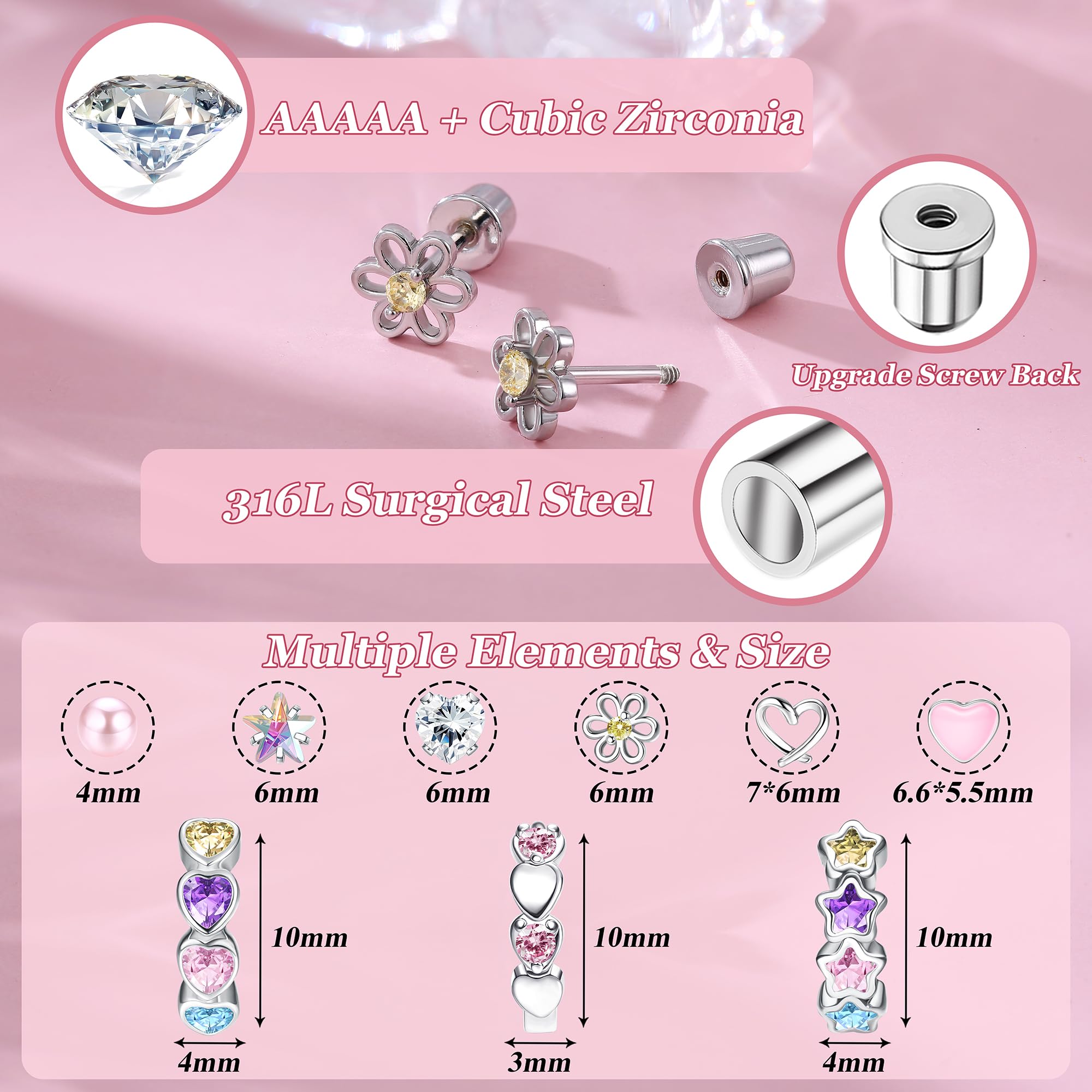 Hypoallergenic Surgical Stainless Steel Earrings for Women & Girls - Sensitive Ear Friendly Screw Back Stud & Heart Hoop Earrings Set | Cute Jewelry Gift for Teens, Kids & Toddlers | Perfect for School, Parties & Everyday Wear