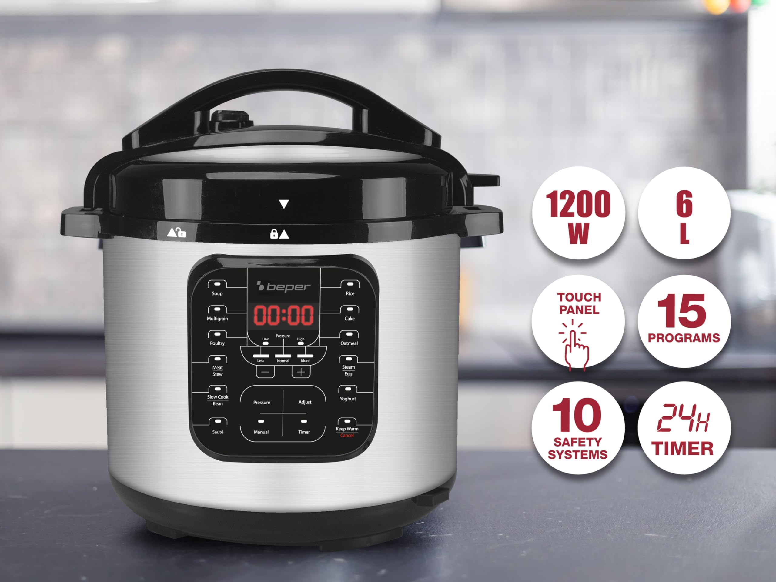 BEPER P101COS001 6L Electric Pressure Cooker with 15 Cooking Programs - Multi-Cooker, Slow Cooker & Steamer, Stainless Steel for Home Kitchen | Perfect for Meal Prep, Soups, Rice & Healthy Cooking