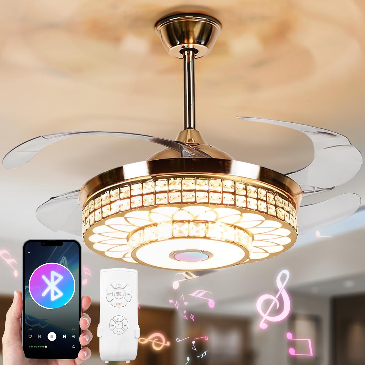 42 Inch Modern Crystal Ceiling Fan with LED Light & Remote Control - 3 Speed Levels, Retractable Chandelier Design, Bluetooth Speaker - Perfect for Living Room, Dining Room & Bedroom