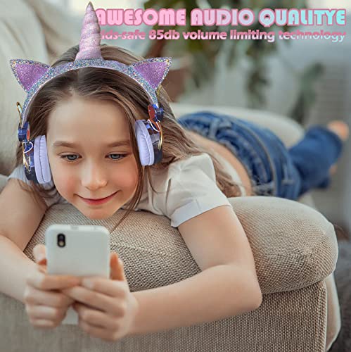 Unicorn Cat Ear Bluetooth 5.0 Wireless Headphones for Kids - Foldable Over-Ear Headset with Mic for iPhone, iPad, Laptop, PC, TV, PS4 & Xbox One - Perfect Gaming Gift for Girls & Teens (Blue) - Ideal for School, Travel & Gaming