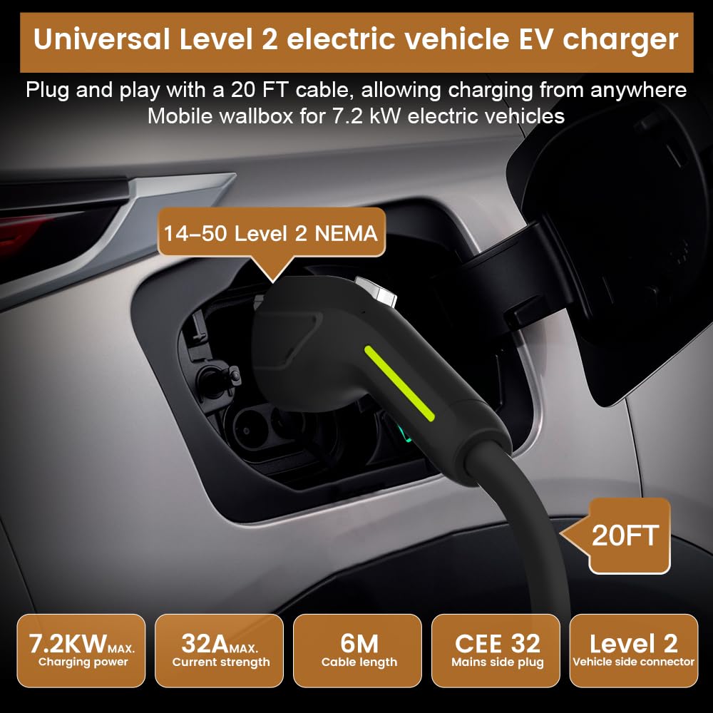 AWESAFE Level 2 EV Charger 7.6KW, 32Amp NEMA 14-50 Plug, J1772 Connector - Portable Fast Charging Station with Scheduled Charging for Home & Outdoor Electric Vehicle Charging