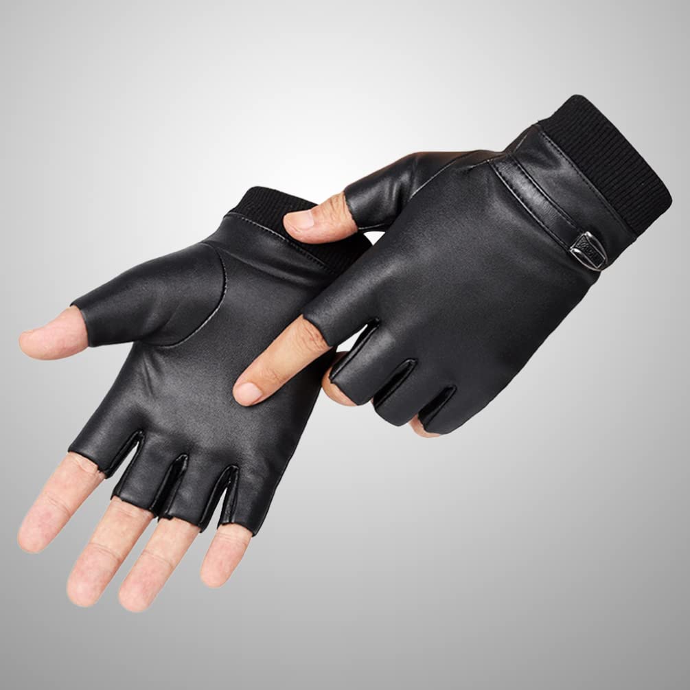 SEWACC Fingerless PU Leather Gloves for Men & Women - Half-Finger Driving & Cycling Gloves, Breathable Outdoor Sports Gloves (Black, Free Size) - Perfect for Motorcycling, Biking & Winter Activities