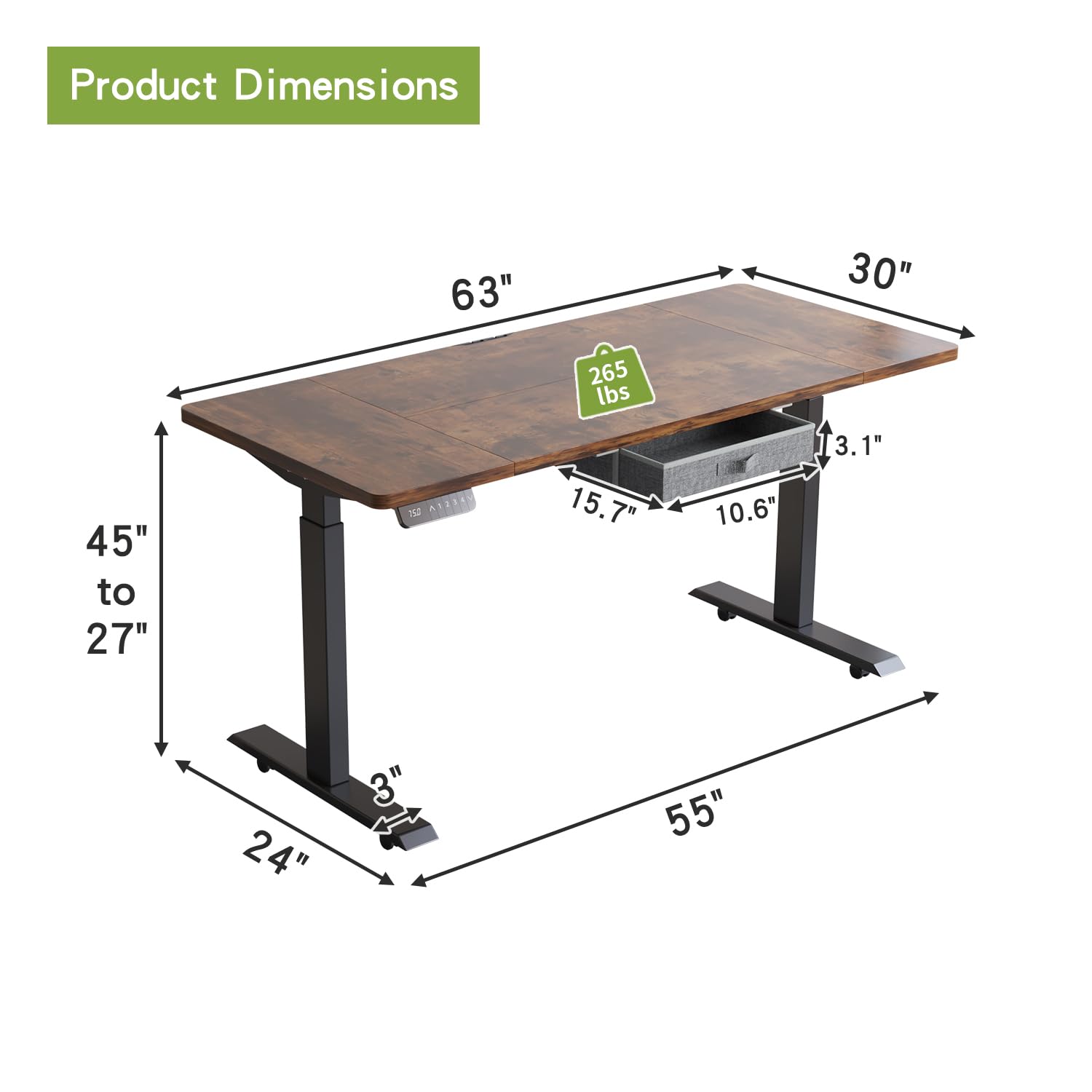 Dual Motor Electric Standing Desk 63 x 30 Inches - Height Adjustable with 4 Memory Presets, Drawer & Splice Board | Home Office Computer Desk (Rustic Brown Top + Black Frame) for Work, Study & Gaming