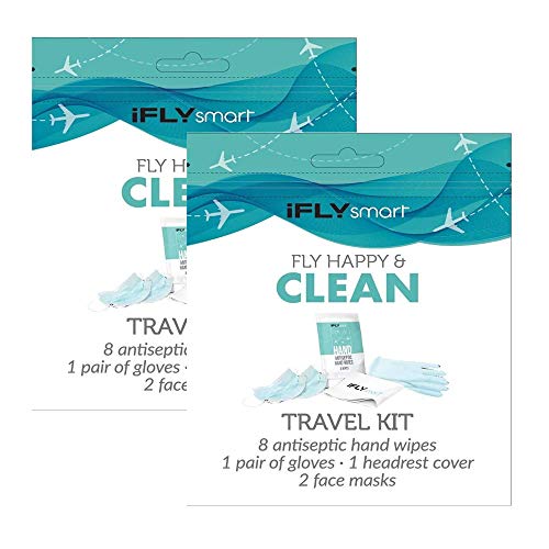 iFLY Smart Travel Hygiene Kit - Includes Antiseptic Wipes, Face Mask, Headrest Cover & Gloves (2 Pack) | Airplane, Car & Public Transportation Essential Safety Accessories