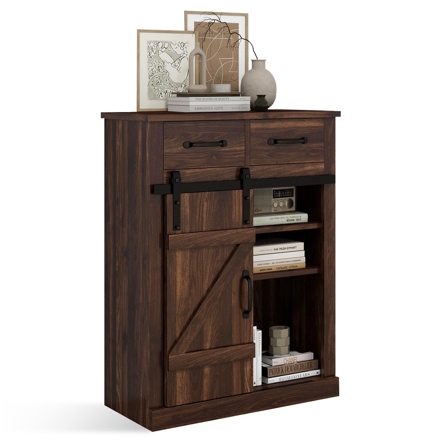 Farmhouse Storage Cabinet - Modern Buffet Sideboard with 2 Drawers & Barn Door, Freestanding Kitchen Pantry & Coffee Bar Cabinet for Dining Room, Living Room, Bathroom, Entryway - Perfect for Rustic Home Decor & Small Space Organization (Brown)