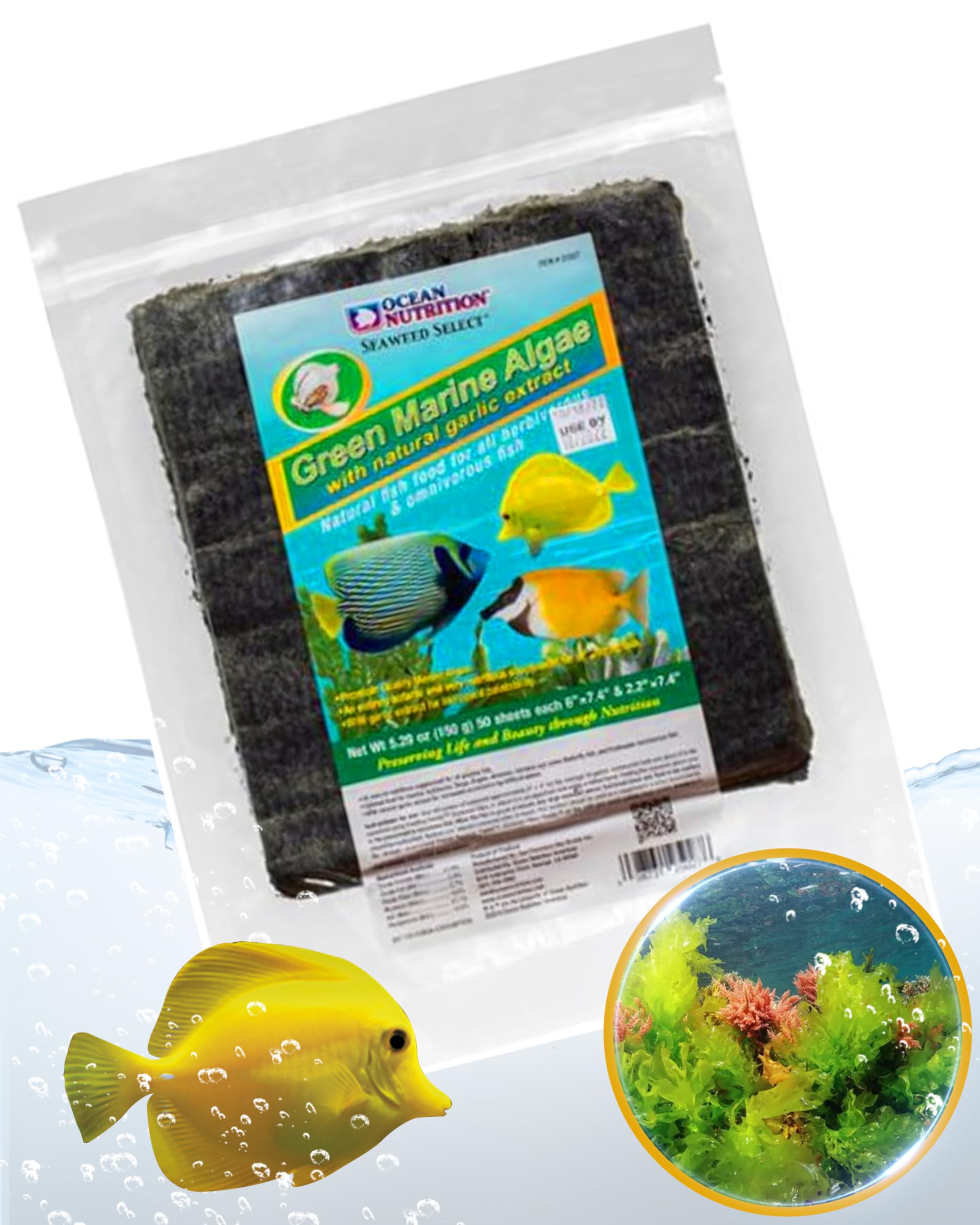Premium Ocean Nutrition Seaweed Select Green Marine Algae - Nutritious Fish Food for Saltwater Fish, Tangs, Angelfish & Marine Herbivores - Natural Seaweed Sheets with Garlic Extract for Enhanced Appetite - 50 Sheets, 5.29 oz (150g) - Perfect for Reef Tanks, Aquariums & Coral Systems