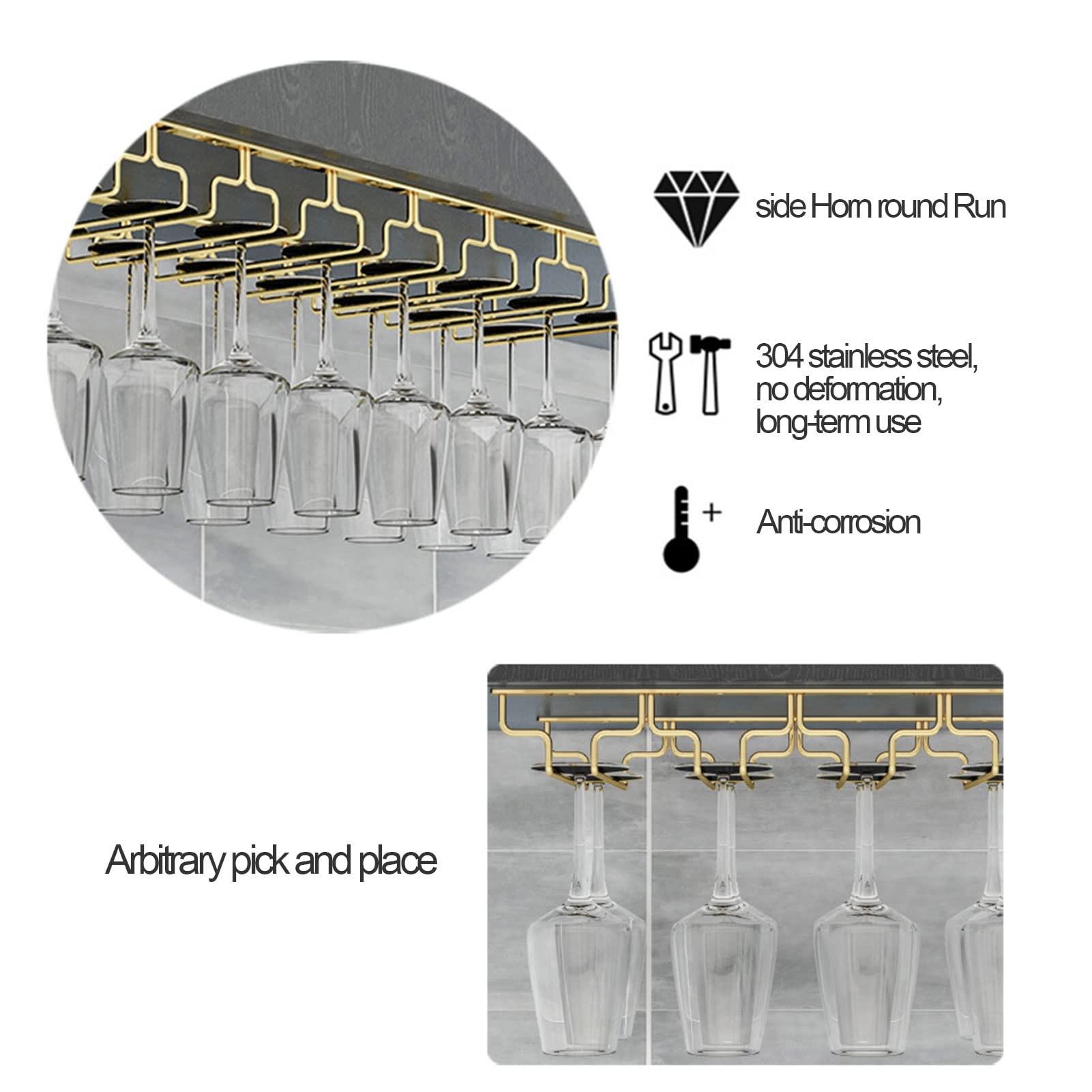 Stainless Steel Under Cabinet Wine Glass Rack - 304 Gold Metal Stemware Holder for Champagne & Goblets (80x18x5.5cm) - Perfect for Kitchen, Bar & Dining Room Organization