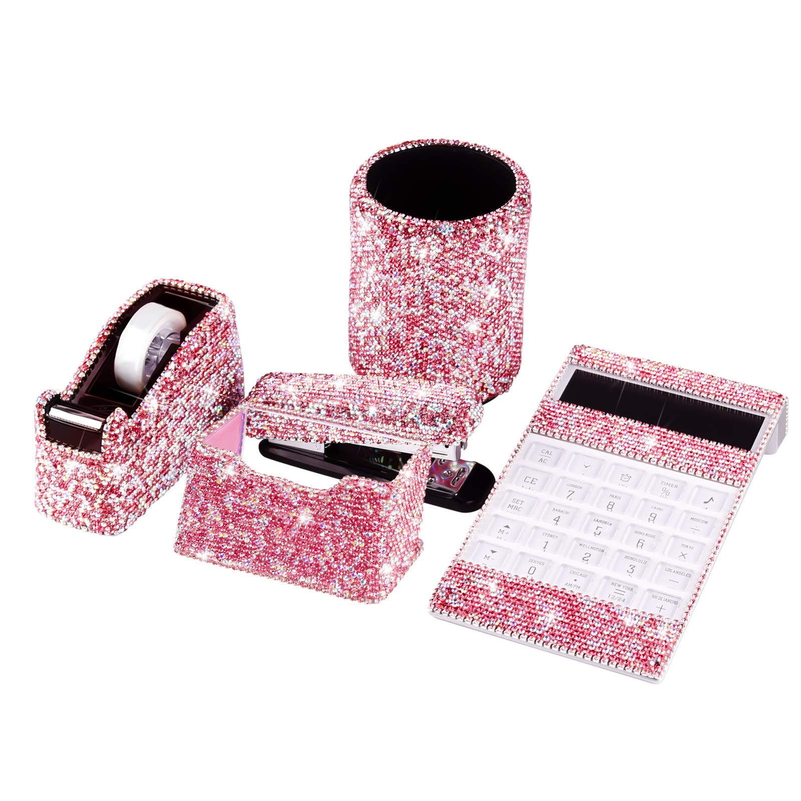 Luxury Crystal Diamond Office Desk Set - Handmade Pen Holder, Stapler, Card Holder, Tape Dispenser & Calculator for Women | Elegant Pink Round Design for Home & Office Workspace Decor