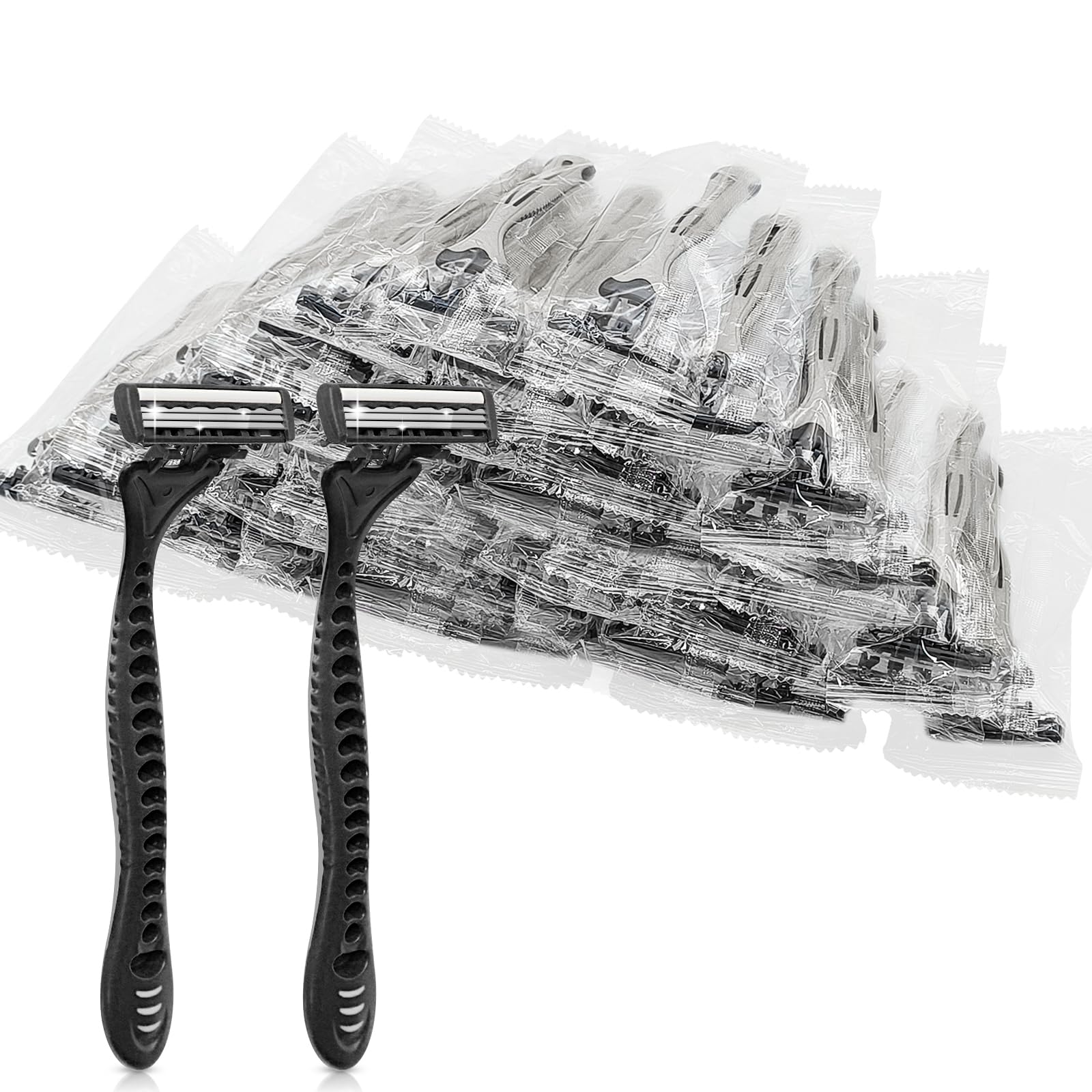 (100 Pack) Kheoxusa 3-Blade Disposable Razors - Individually Wrapped Triple Blade Shavers for Men & Women - Perfect for Travel, Hotels, Airbnb, Tattoo Shops & Grooming Kits - Grey Black