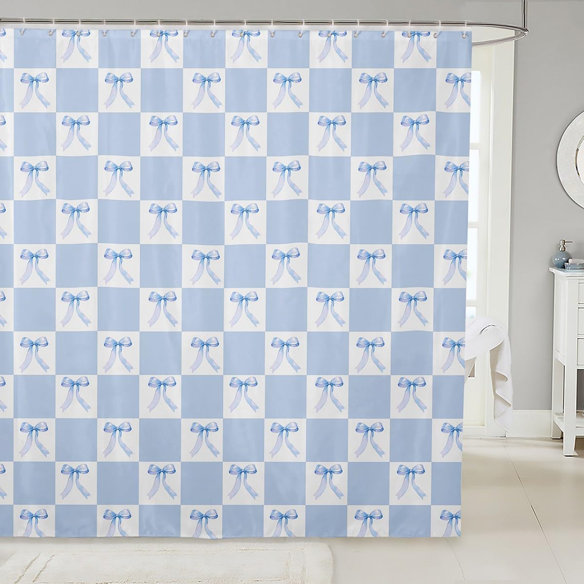 Blue Bowknot Waterproof Shower Curtain with 12 Hooks - Dreamy Bow Minimalist Grid Plaid Geometric Bath Curtain for Bathtub, 78 Inch Long, Princess Style Blue White Bathroom Decor - Perfect for Kids' Bathrooms, Guest Bathrooms & Coastal Themed Decor