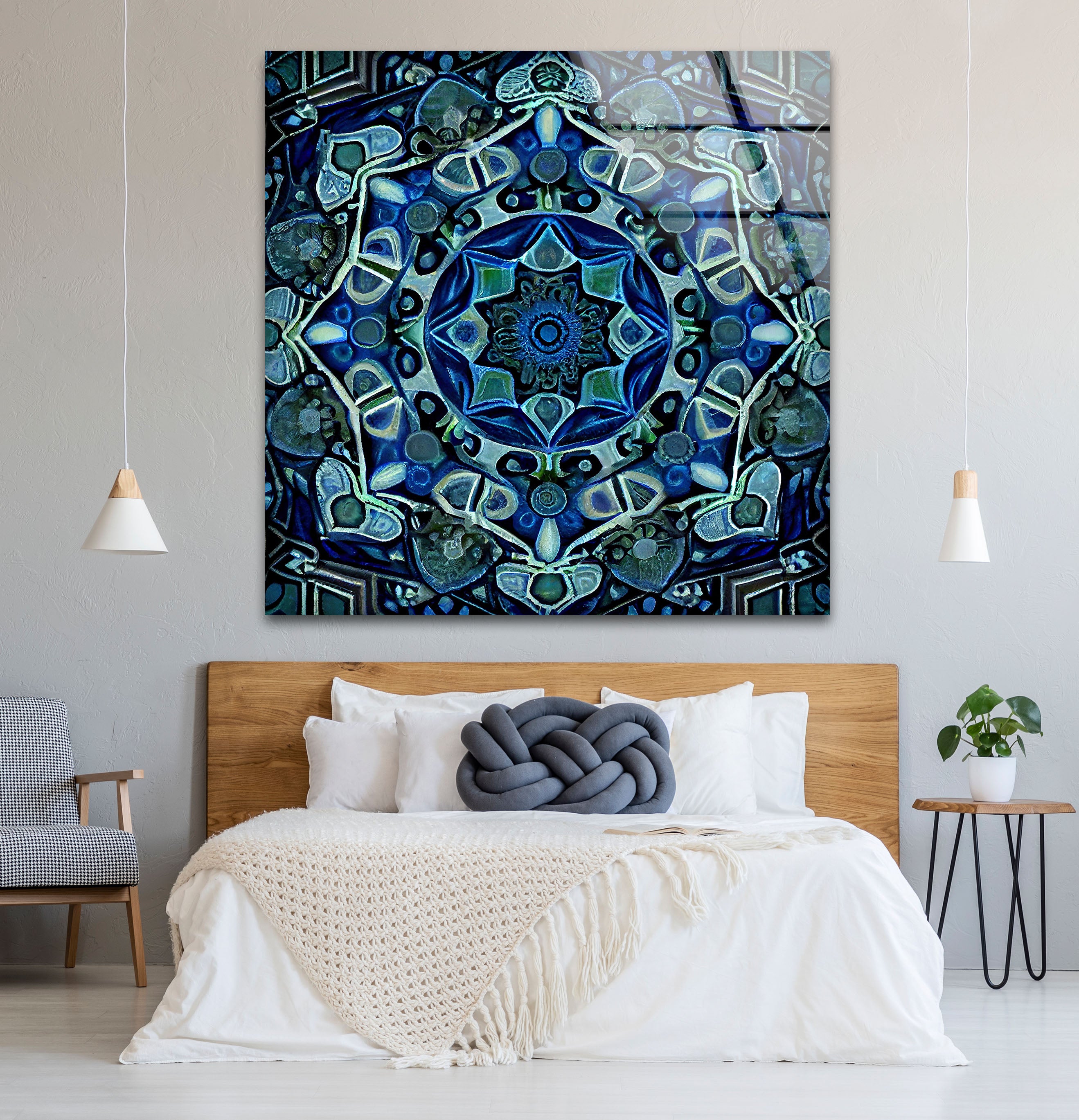 Blue Mandala Glass Wall Art – Handcrafted Intricate Geometric Design for Modern Home & Office Decor | Meditation Room, Yoga Studio & Spiritual Space Decor