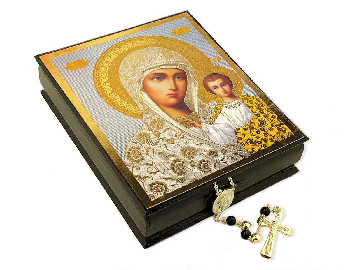 Needzo Rosary Box with Virgin Mary & Kazan Icon - 4 3/4 Inch Wooden Prayer Box for Catholic Devotion, Jewelry Storage & Home Altar Decor