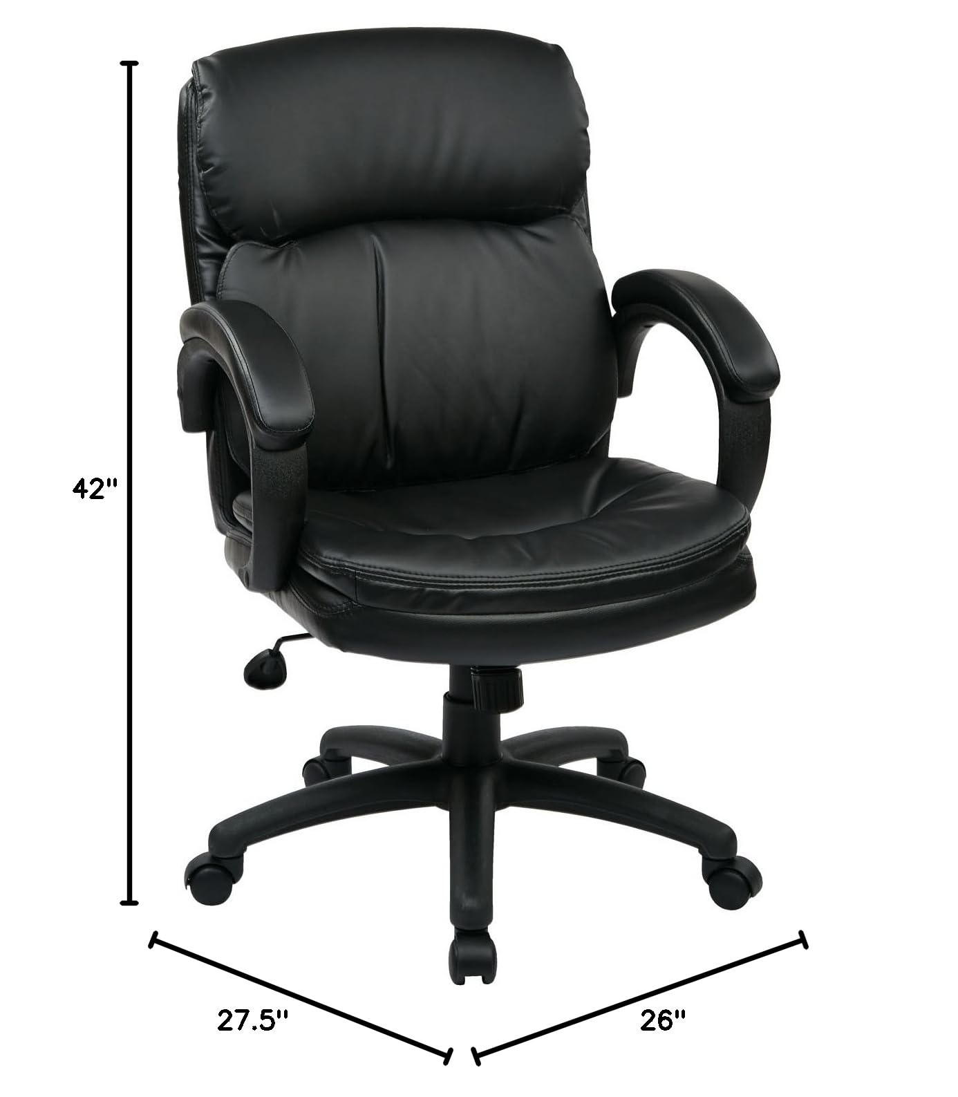Office Star EC Series Executive Bonded Leather Mid Back Adjustable Office Chair - Thick Padded Contour Seat & Padded Armrests, Black - Perfect for Home Office, Conference Rooms & Workstations