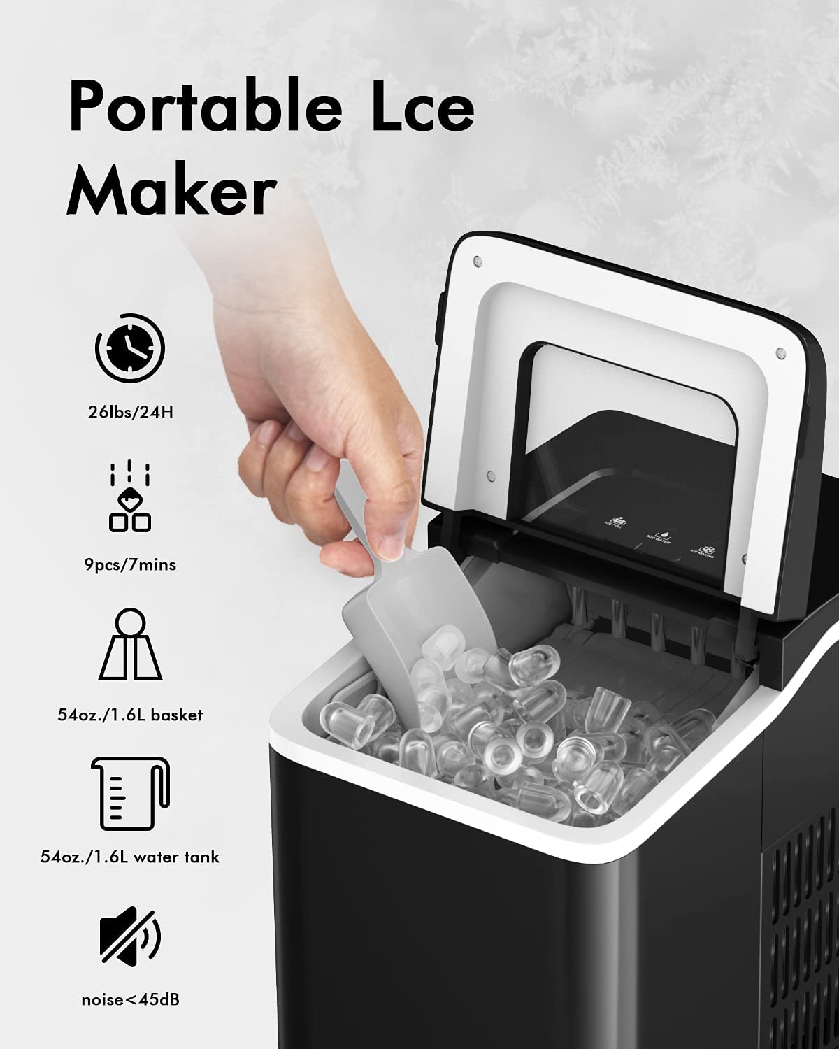 Portable Ice Maker - Mini Countertop Ice Machine with Automatic Cleaning & Scooper - Makes 9 Cubes in 8 Minutes (Black) - Perfect for Home, Office, RV & Outdoor Parties