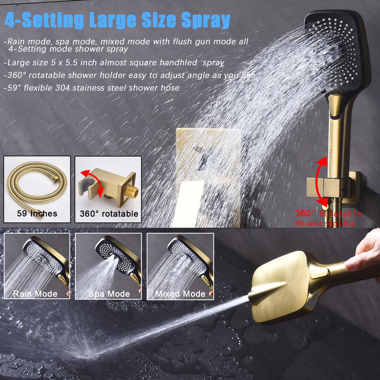 10 Inch Rainfall Shower System with 4-Setting Handheld Spray, Pressure Balance Valve & Brushed Gold Trim Kit - Wall Mounted Bathroom Faucet Set for Luxurious Spa Experience at Home