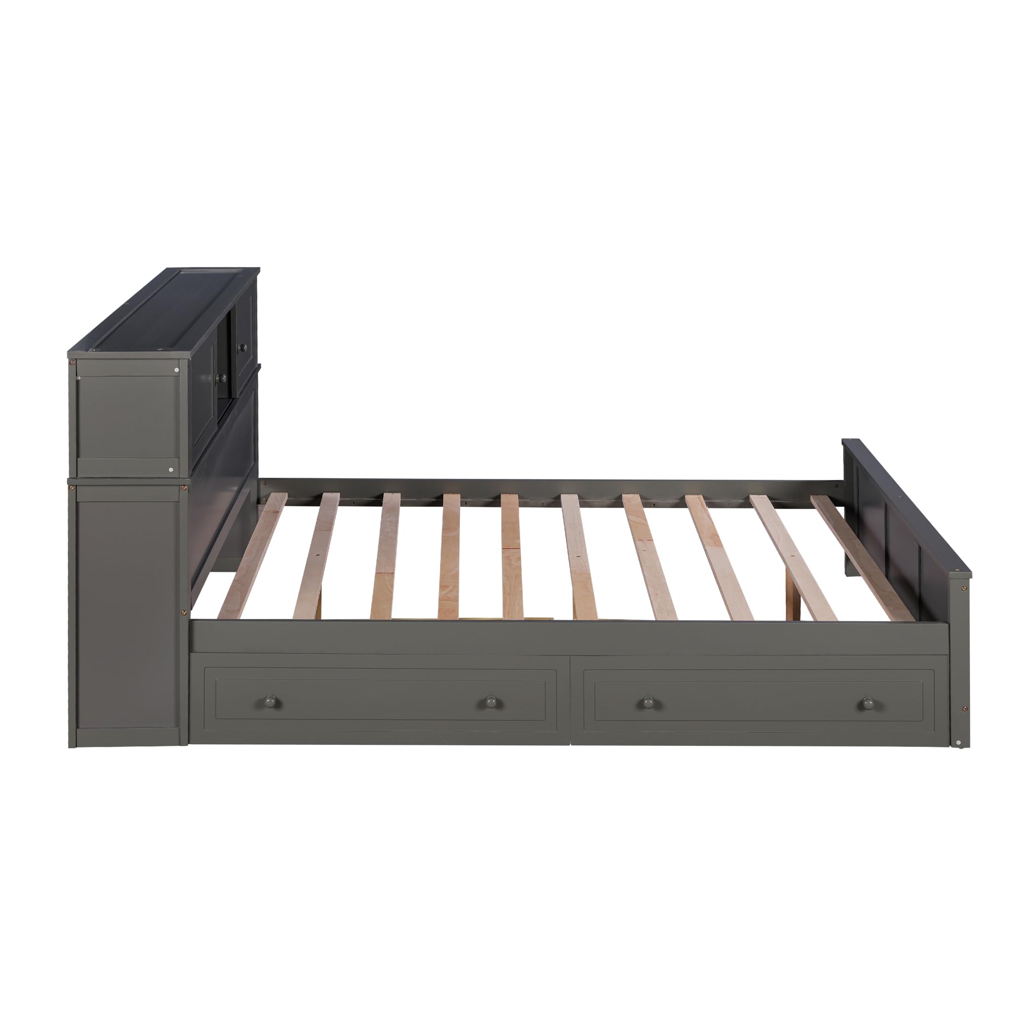 LZ LEISURE ZONE Full Size Platform Bed Frame with Storage Drawers & Sliding Door Headboard - Sturdy Wood Bed with Underbed Storage - Gray - Perfect for Small Bedrooms, Guest Rooms & Dorm Rooms