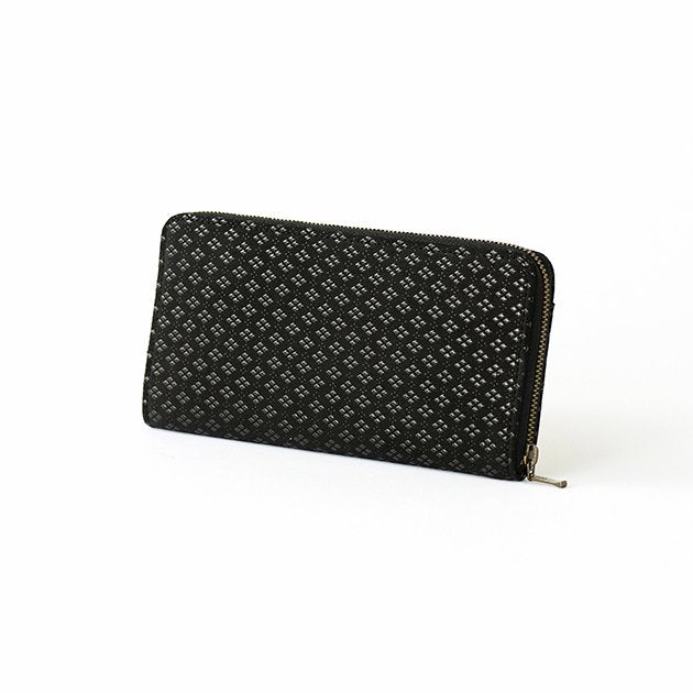 Premium Japanese Deerskin Leather U-Zip Long Wallet with Urushi Lacquer - Hishimon Family Crest Pattern in Gray Black | Handmade in Japan | Perfect for Men's Formal & Business Use
