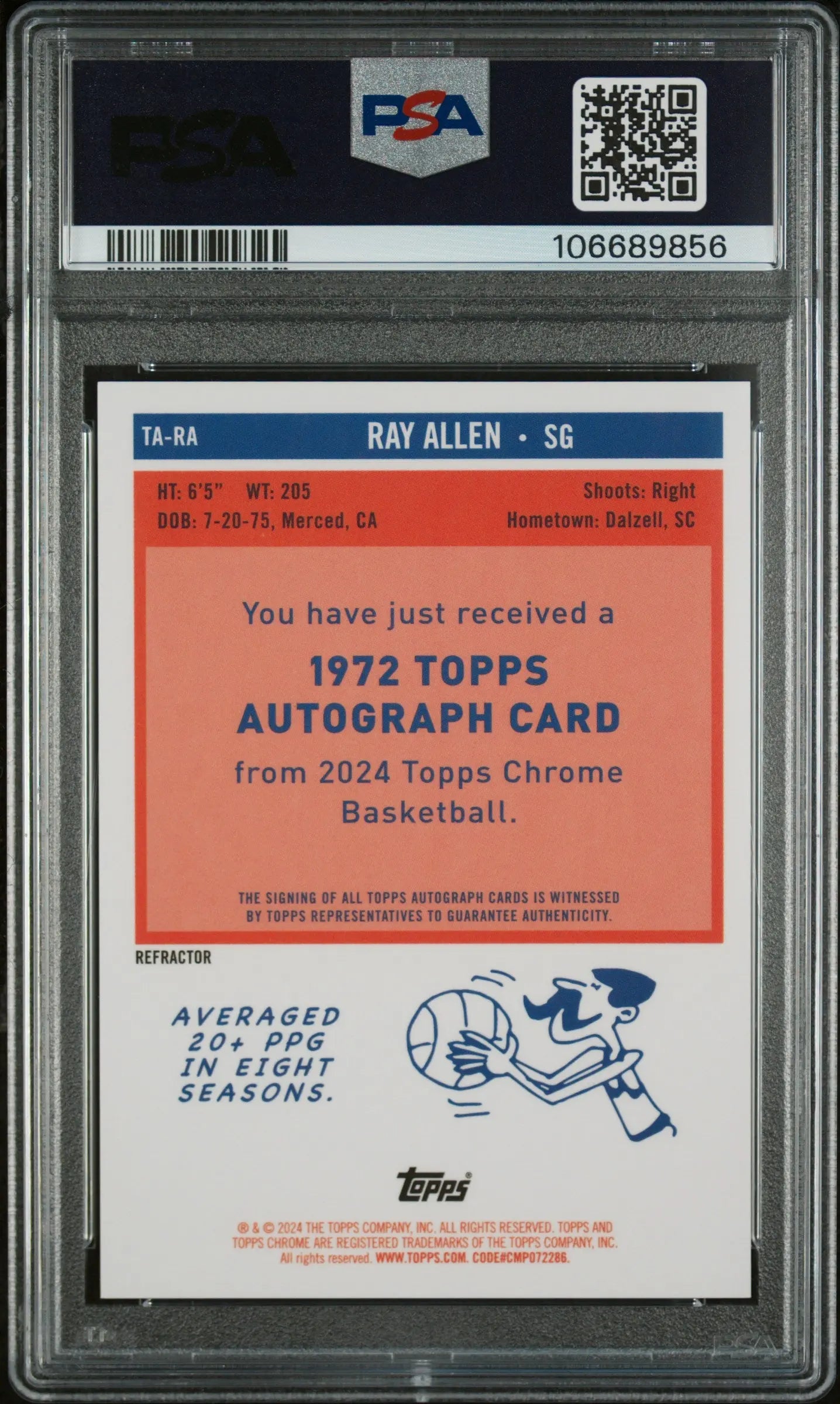 2023 Topps Chrome 1972 Topps Autographs Ray Allen Refractor Auto PSA 9 Mint - Rare Basketball Trading Card for Collectors & Sports Memorabilia Fans