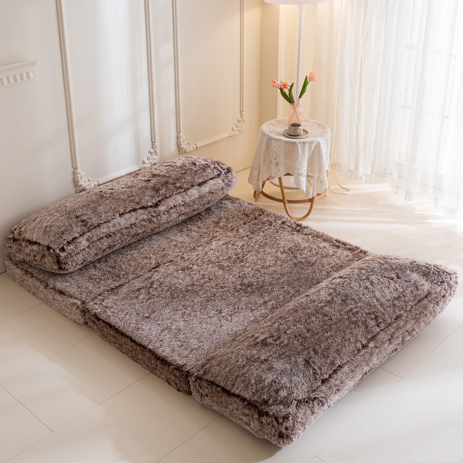 MAXYOYO Folding Bean Bag Sofa Bed - Soft Faux Fur Floor Chair with Foam Filling, Convertible Wall Couch Sleeper for Living Room, Bedroom & Dorm | Perfect for Lounging, Gaming & Extra Guest Sleeping