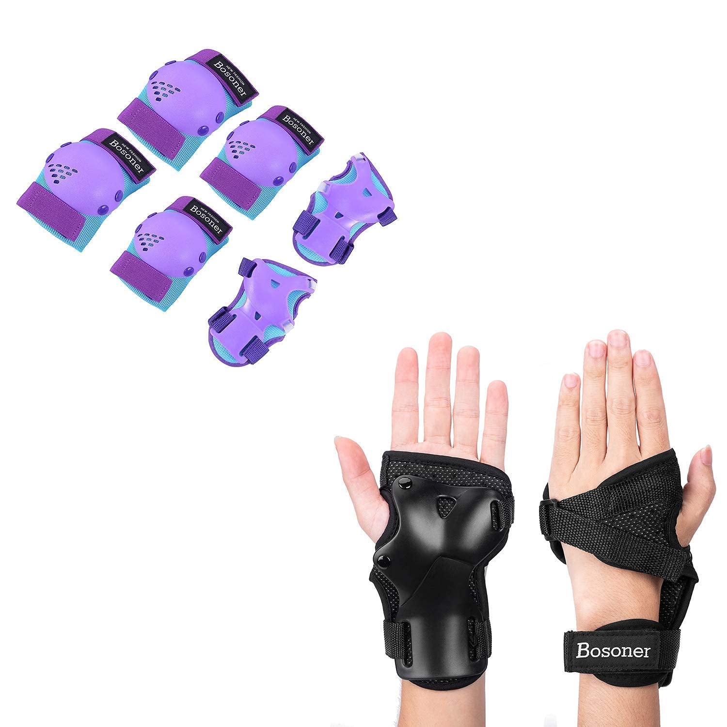 BOSONER Kids Wrist Guards & Knee Pads Protective Gear Set for Roller Skating, Cycling, BMX, Snowboarding, Skateboarding - Adjustable Safety Pads for Scooter & Inline Skating (Ages 3-9, Small) - Perfect for Outdoor Sports & Playground Safety